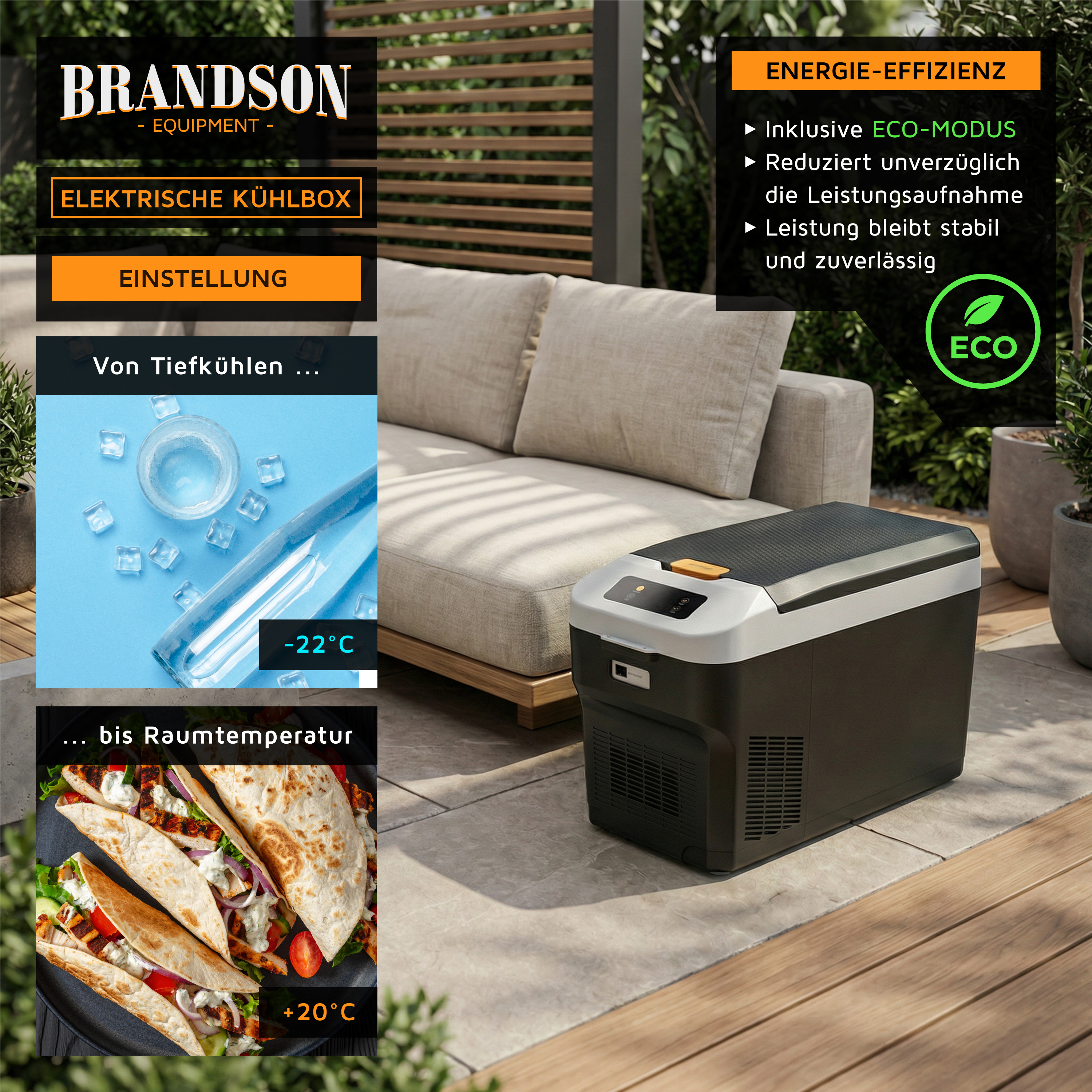 Brandson elektrische Kühlbox in Schwarz mit grauem Deckel, digitalem Display und orangefarbenem Bedienknopf, auf einer Terrasse platziert.