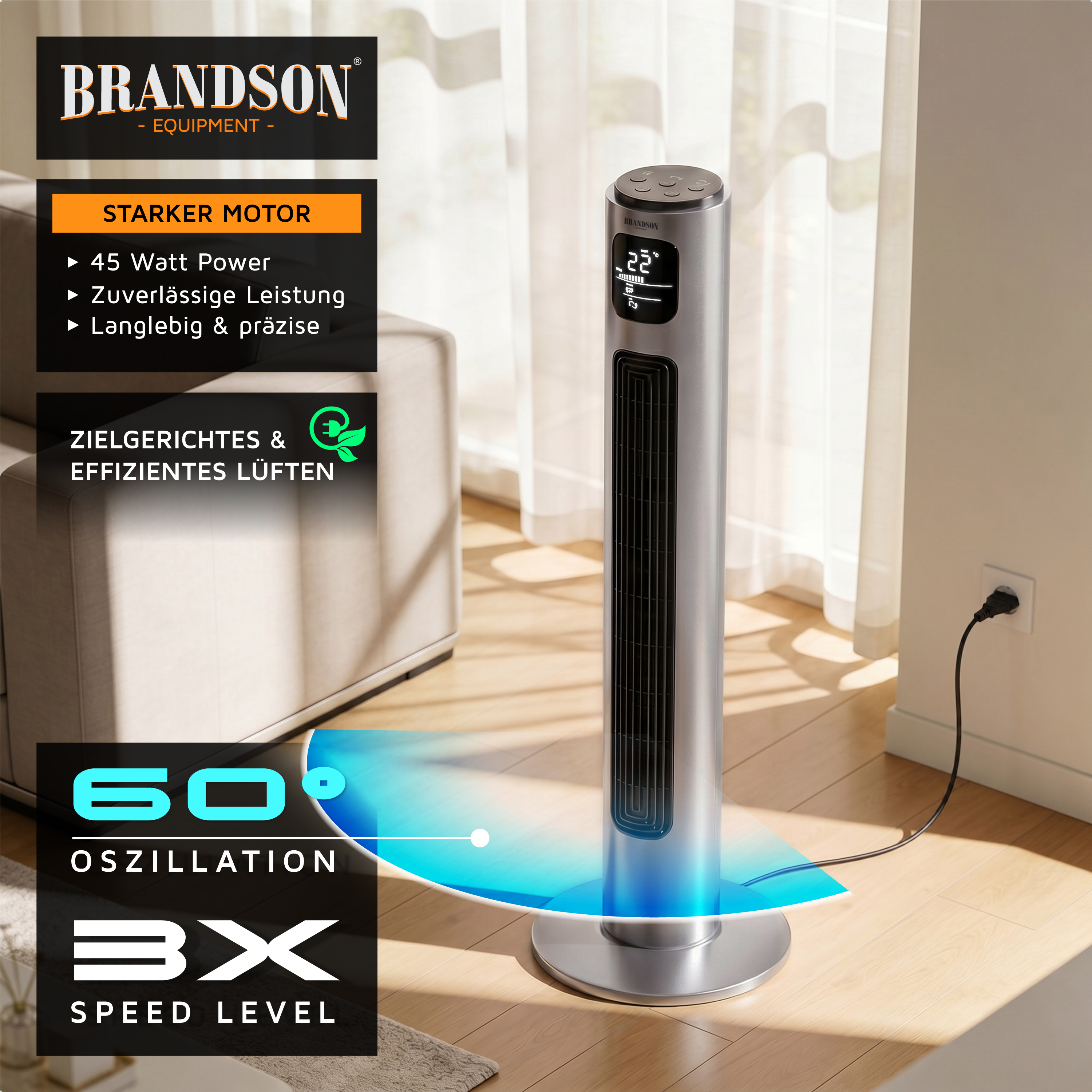 Brandson Turmventilator in Silber mit elegantem Design, Digitalanzeige und Bedienfeld, positioniert in der Nähe eines Fensters in einem Wohnzimmer.