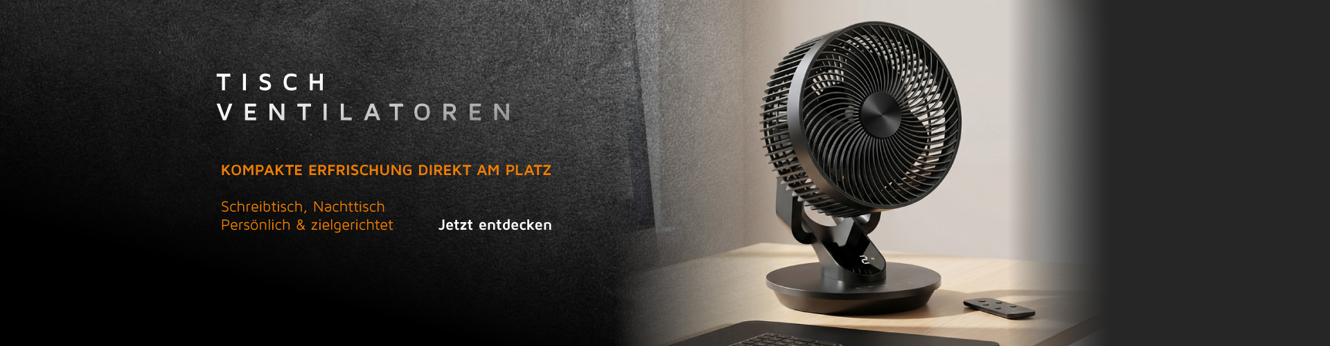Brandson Tischventilator in Schwarz mit modernem Design, kompaktem Standfuß und Fernbedienung für persönliche Kühlung.