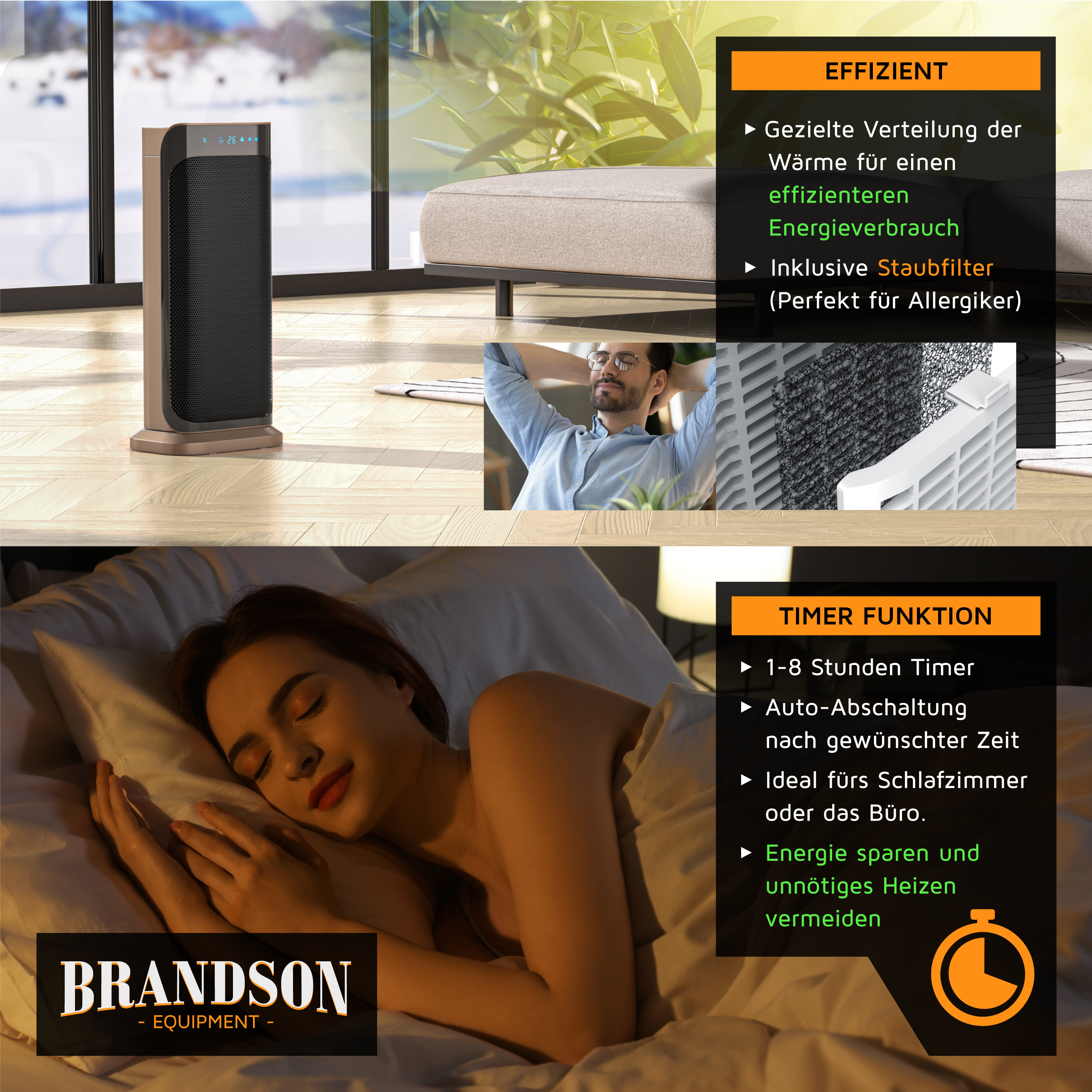 Brandson Heizlüfter in eleganter Bauform mit digitalem Display und Bedienfeld, ideal für Schlafzimmer und Büros.