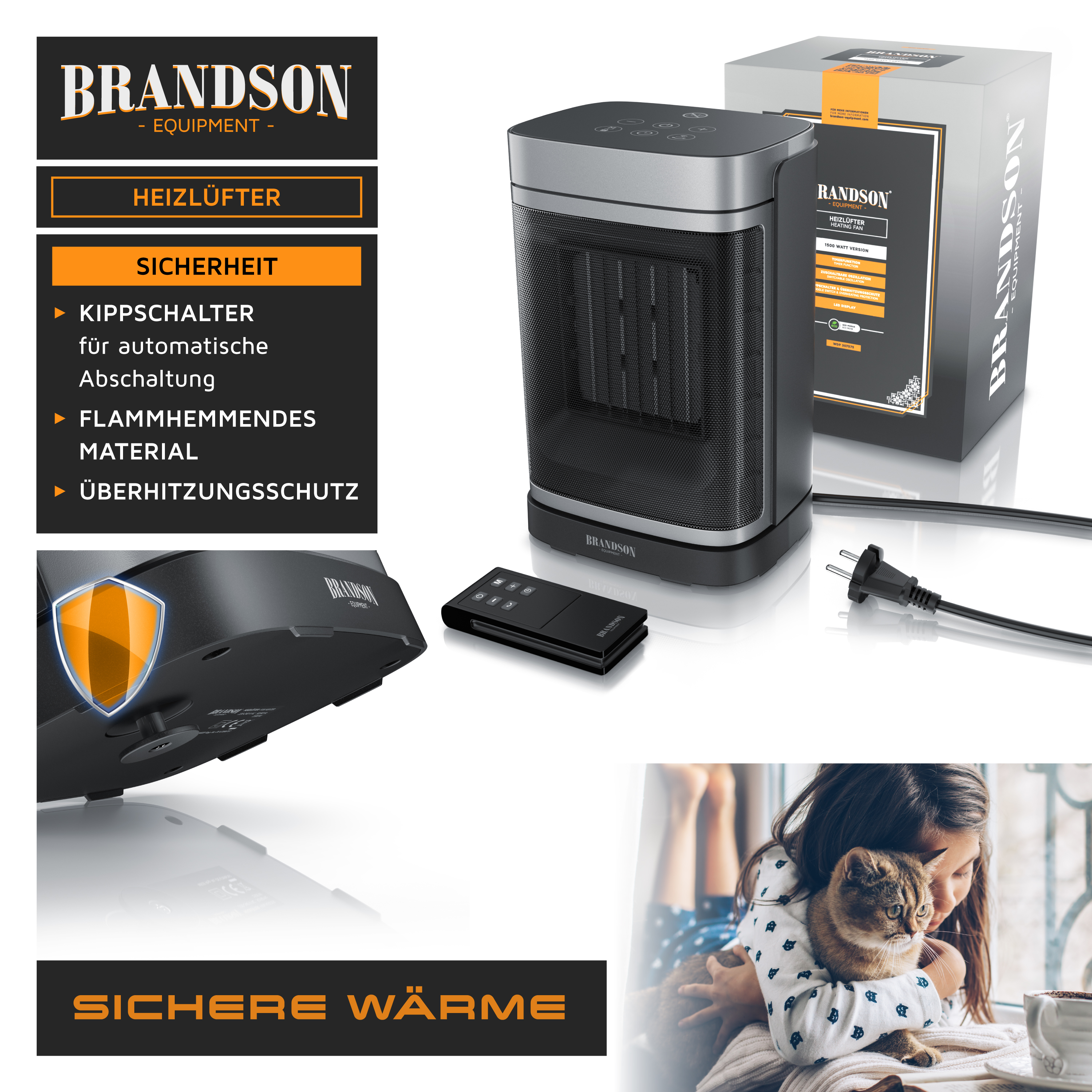 Brandson Heizlüfter in Schwarz mit Bedienfeld, Fernbedienung und Sicherheitsmerkmalen wie Überhitzungsschutz und flammhemmendem Material.