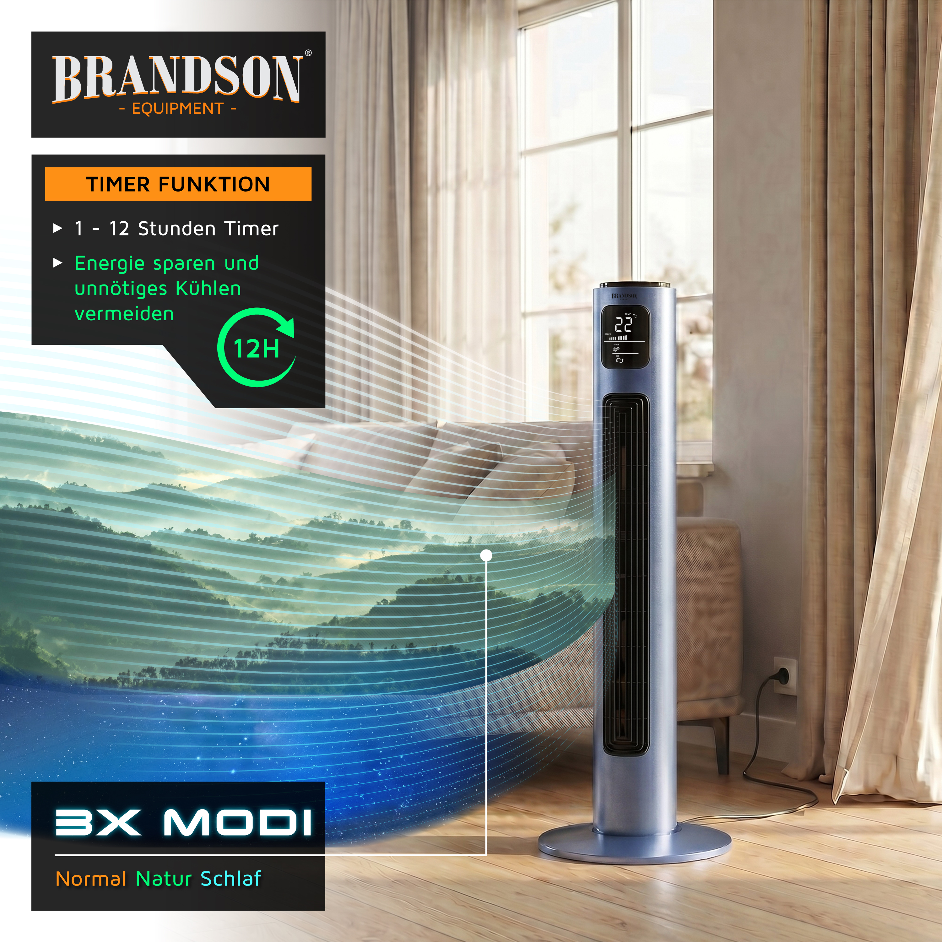 Brandson-Turmventilator mit elegantem silbernen Design, Digitalanzeige und Timer-Funktion, platziert in einem hellen Wohnzimmer.