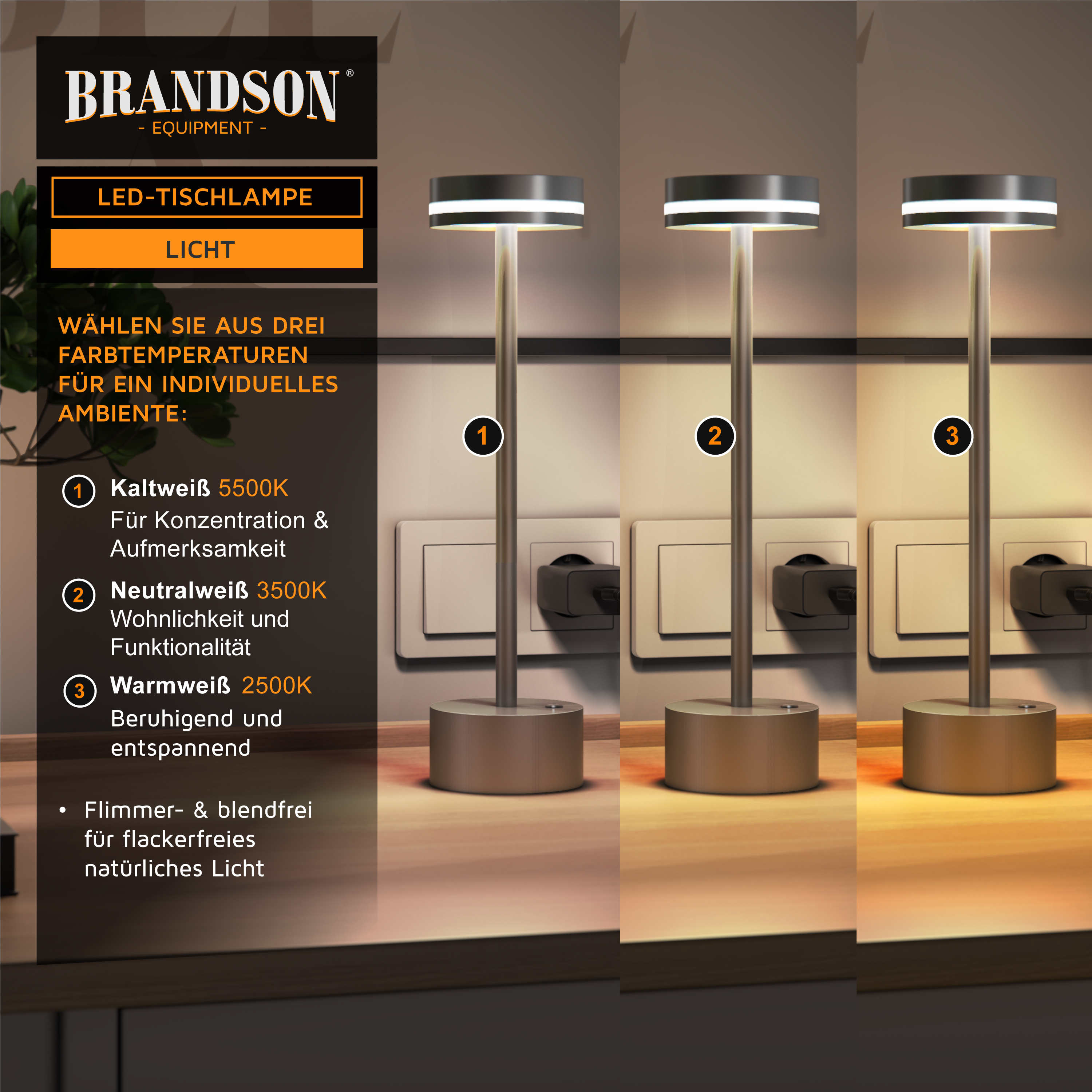 Brandson LED-Tischleuchte mit einstellbarer Farbtemperatur, schlankem Design und stabilem Sockel, ideal für die Schaffung einer individuellen Atmosphäre.