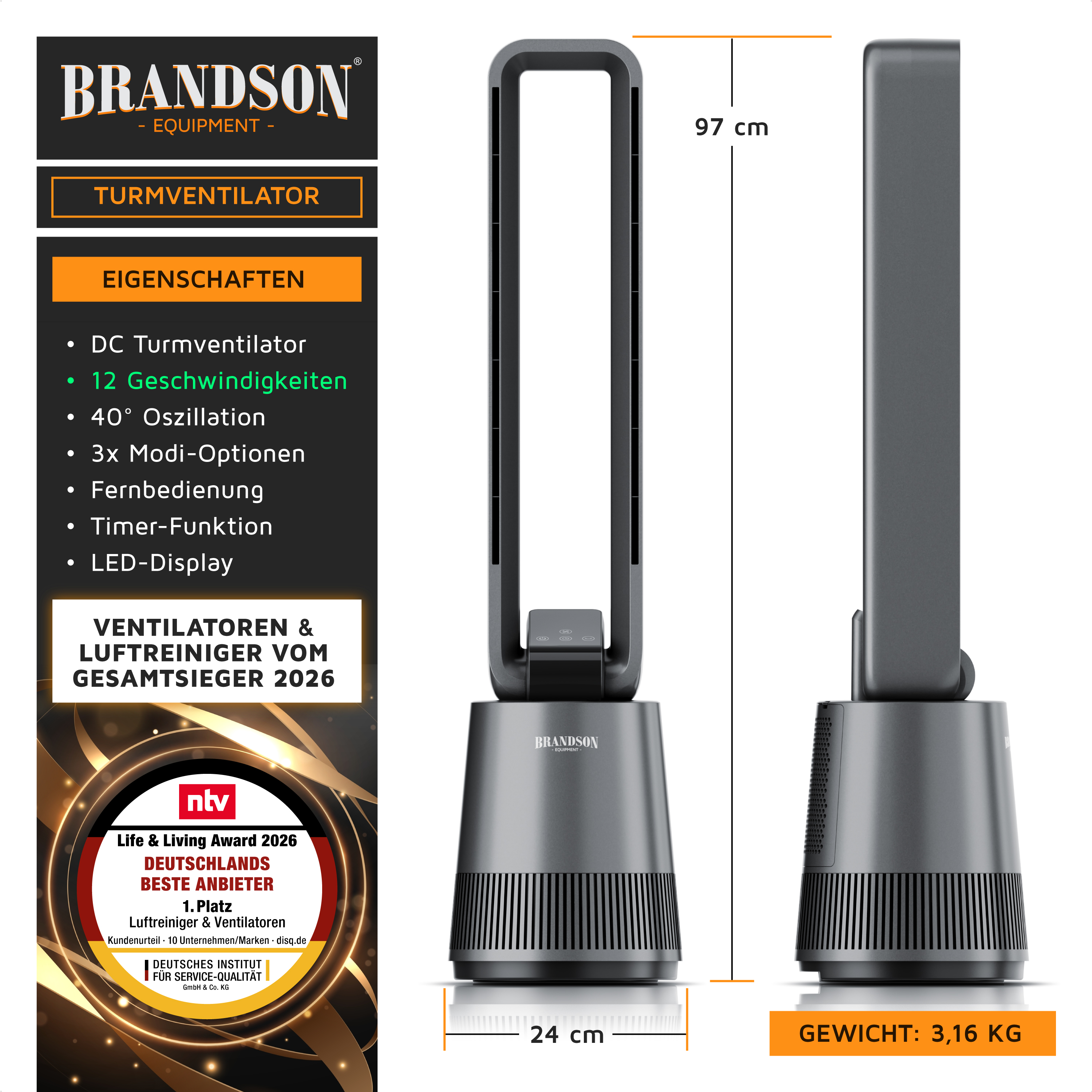 Brandson Turmventilator in schlanker, grauer Bauform mit LED-Display und Fernbedienung, 97 cm hoch und 24 cm breit.