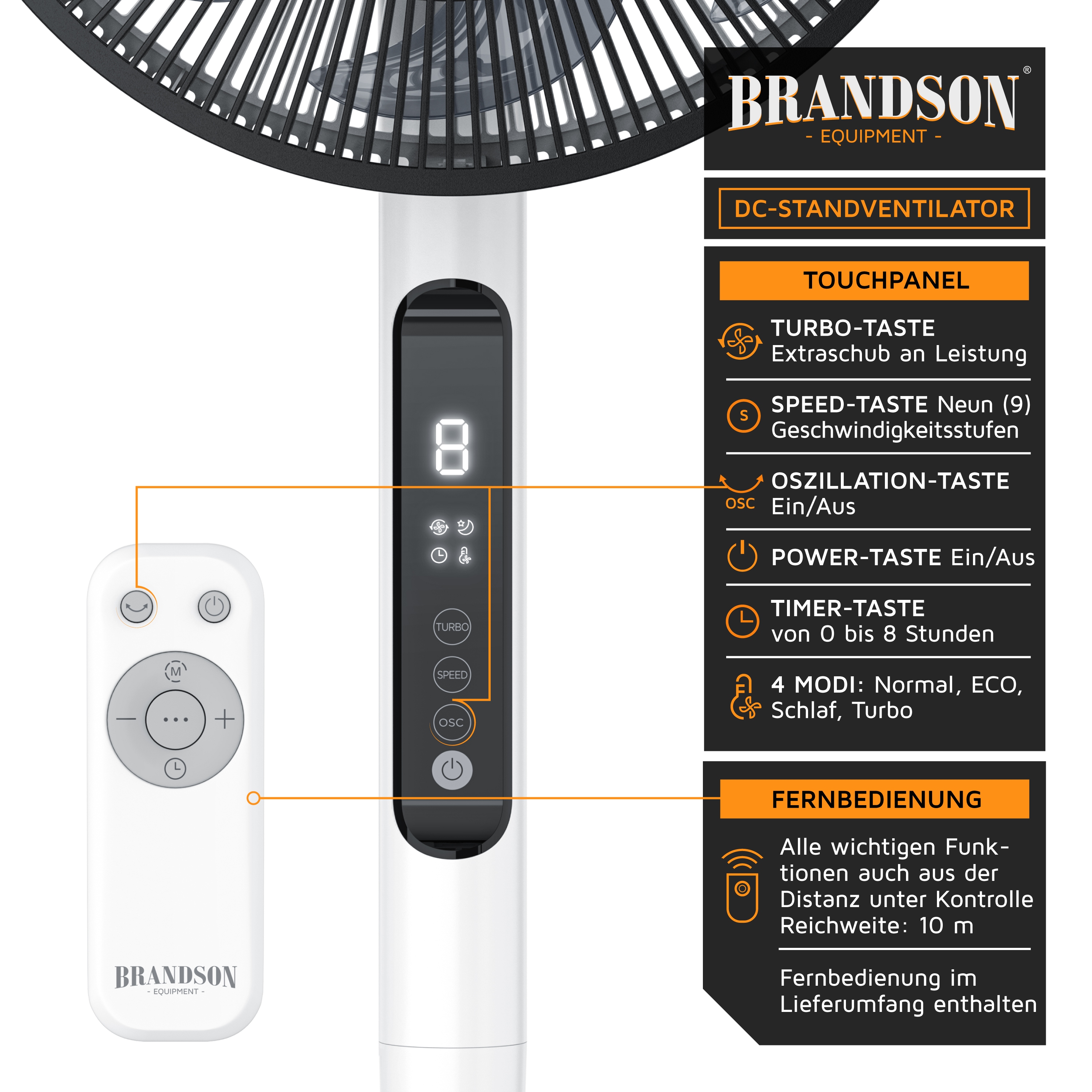 Standventilator von Brandson mit Touchpanel, Fernbedienung und Display zur Anzeige der Geschwindigkeitseinstellungen in einem eleganten weiß-schwarzen Design.