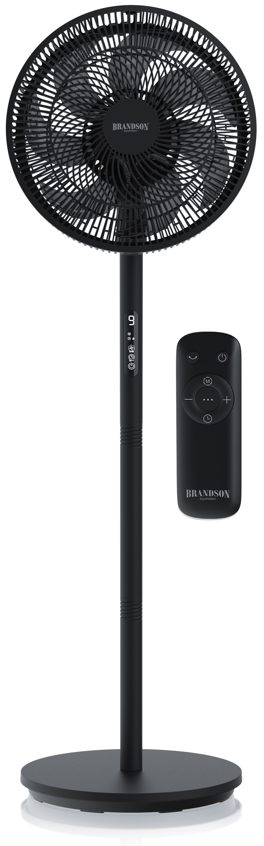 Brandson Standventilator in Schwarz mit schlankem Design, Fernbedienung und stabilem Sockel für Stabilität.