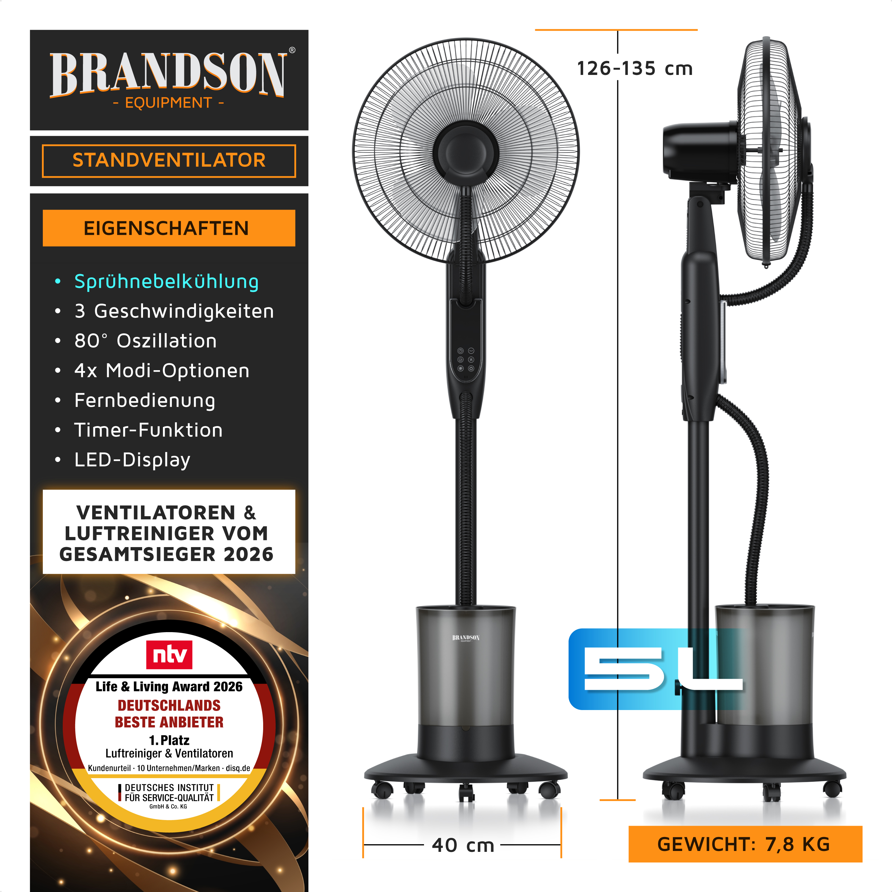 Standventilator von Brandson mit elegantem schwarzem Design, einstellbarer Höhe, LED-Anzeige, Fernbedienung und einem 5-Liter-Wassertank zum Zerstäuben.