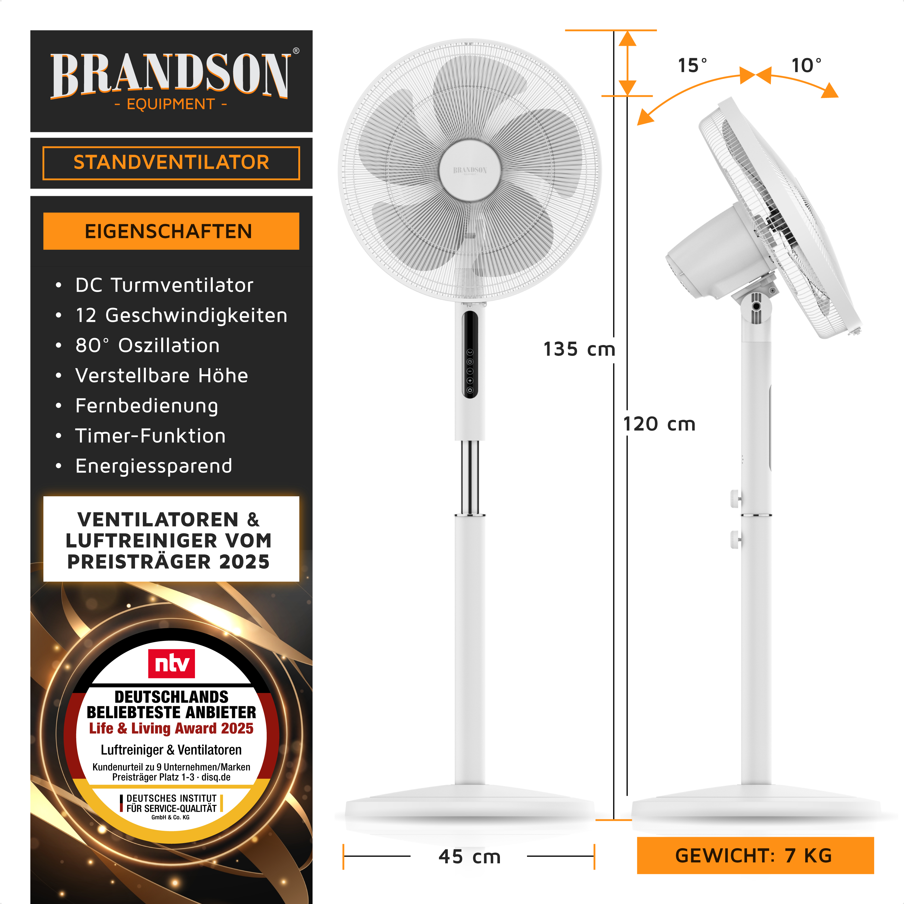 Standventilator von Brandson mit elegantem weißem Design, einstellbarer Höhe, Fernbedienung und stabiler Basis für einfache Bedienung.