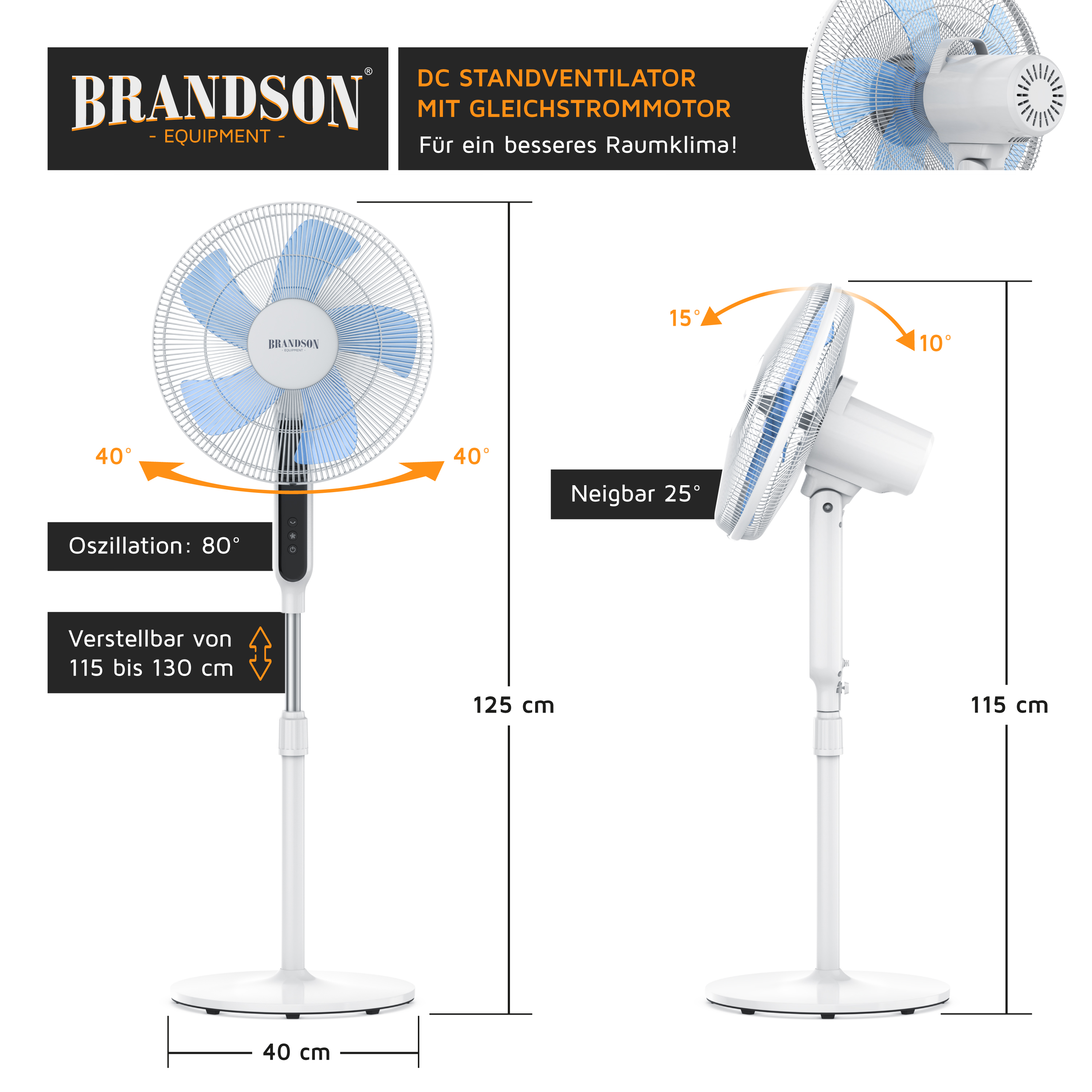 Standventilator von Brandson mit weißem Sockel, einstellbarer Höhe, Oszillationsfunktion und blauen Flügeln, geeignet für die Kühlung von Innenräumen.