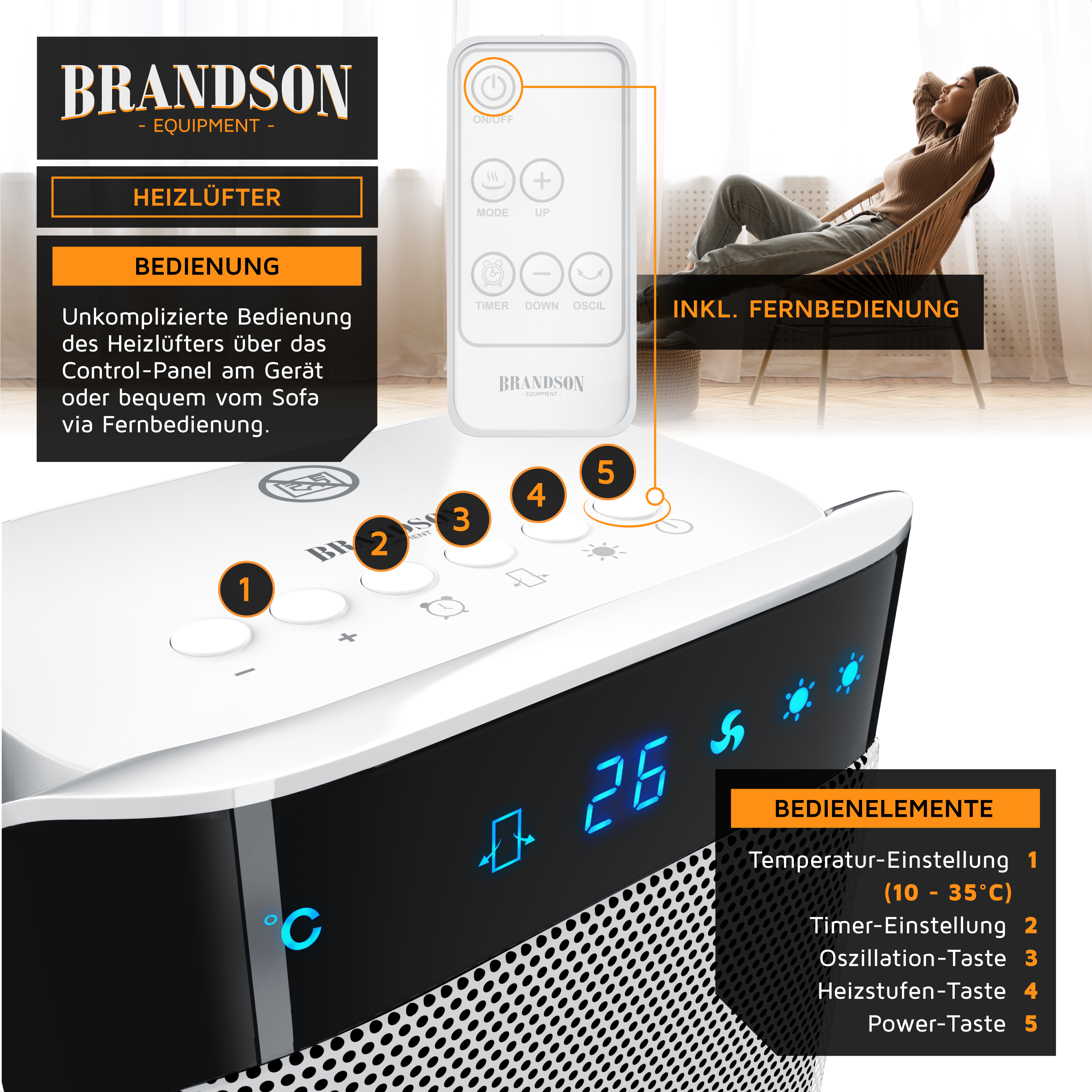 Brandson Heizlüfter mit weißem Gehäuse, digitalem Display, Bedienfeld und Fernbedienung zur einfachen Steuerung.