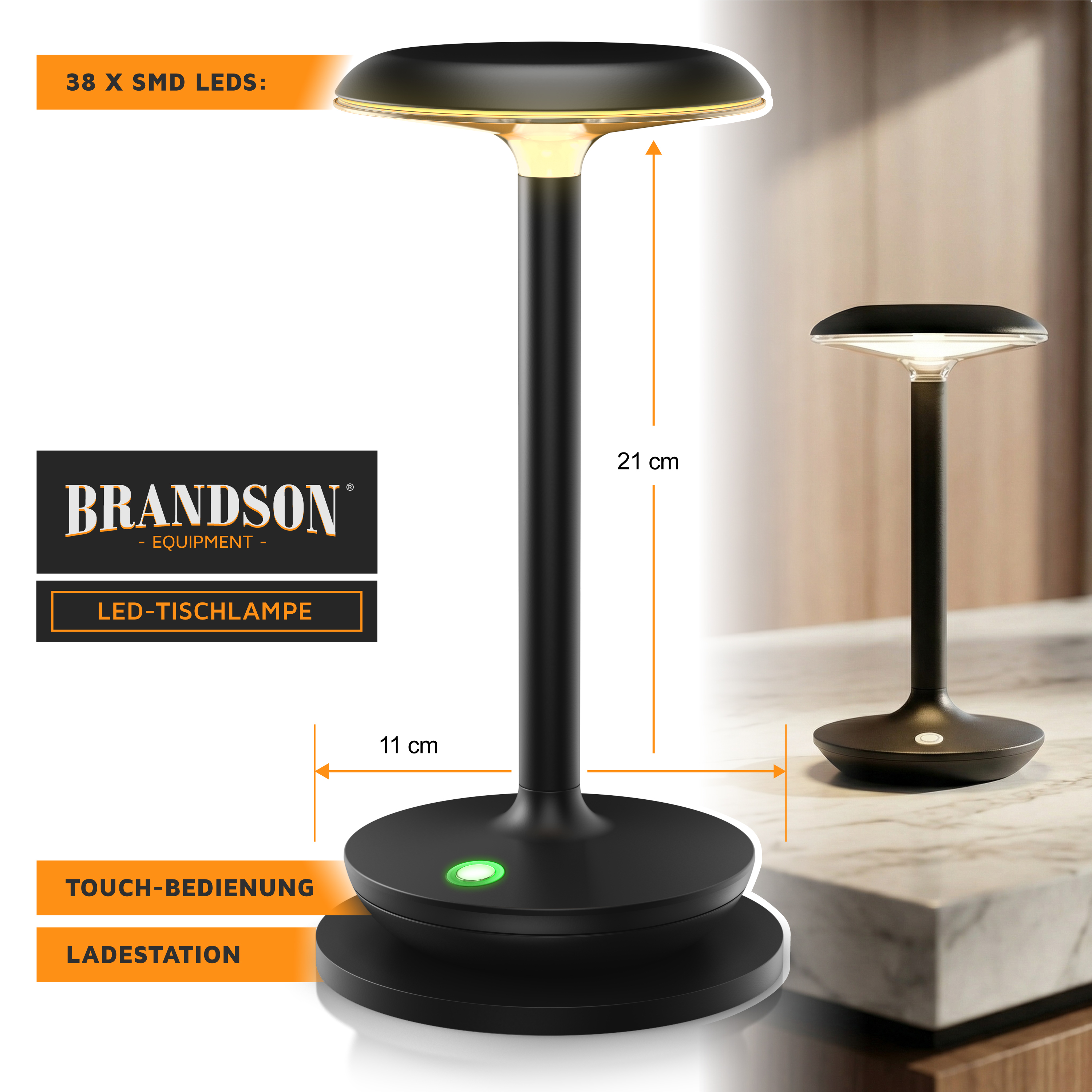 Brandson LED-Tischlampe mit elegantem schwarzem Design, Touch-Steuerung und Ladestation, ideal für moderne Innenräume.