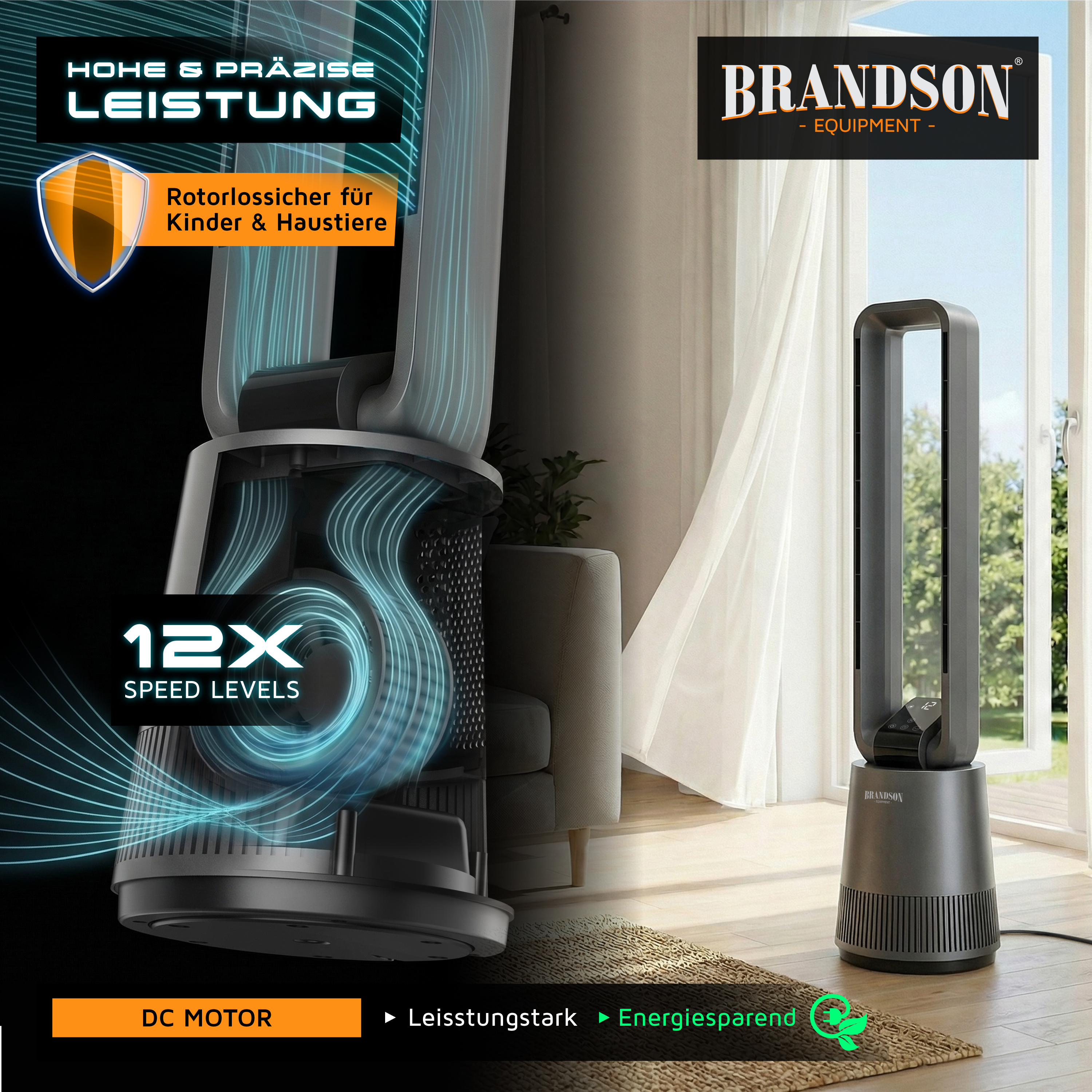 Brandson-Turmventilator mit schlankem Design, schwarzem Sockel, hohem Gehäuse und sichtbarem Bedienfeld, platziert in einem hellen Raum.