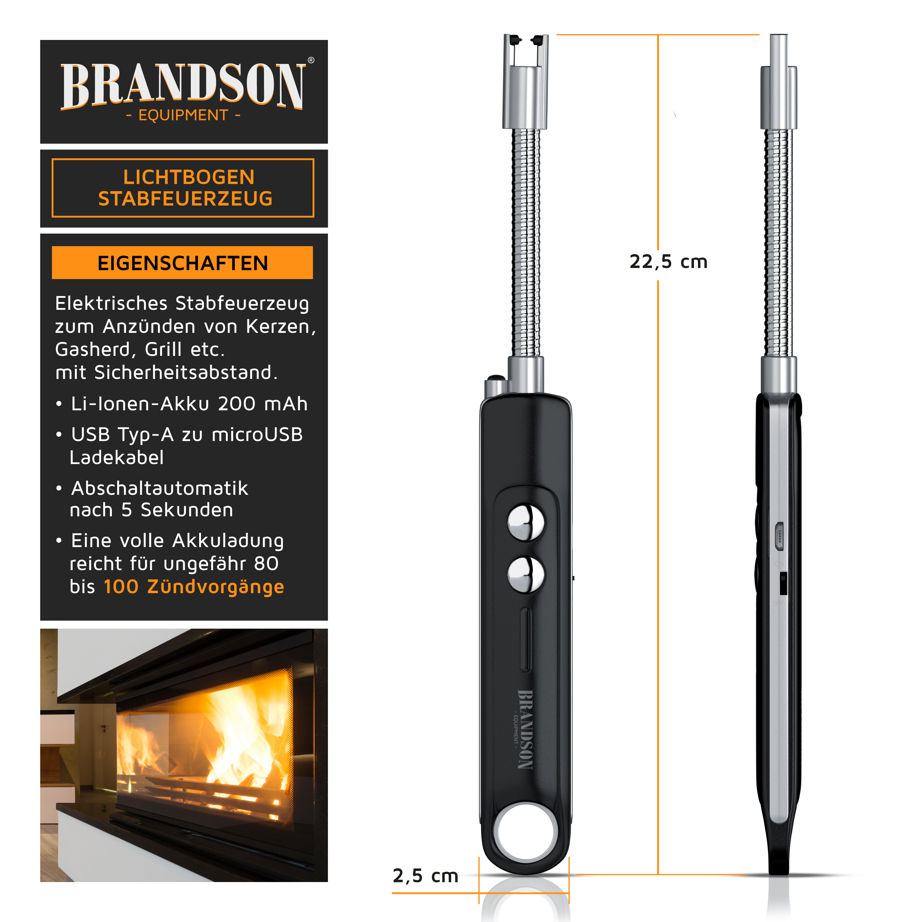 Brandson Lichtbogen-Stabfeuerzeug in Schwarz mit flexiblem Hals, zwei Tasten und USB-Ladeanschluss, ideal zum Anzünden von Kerzen und Grills.