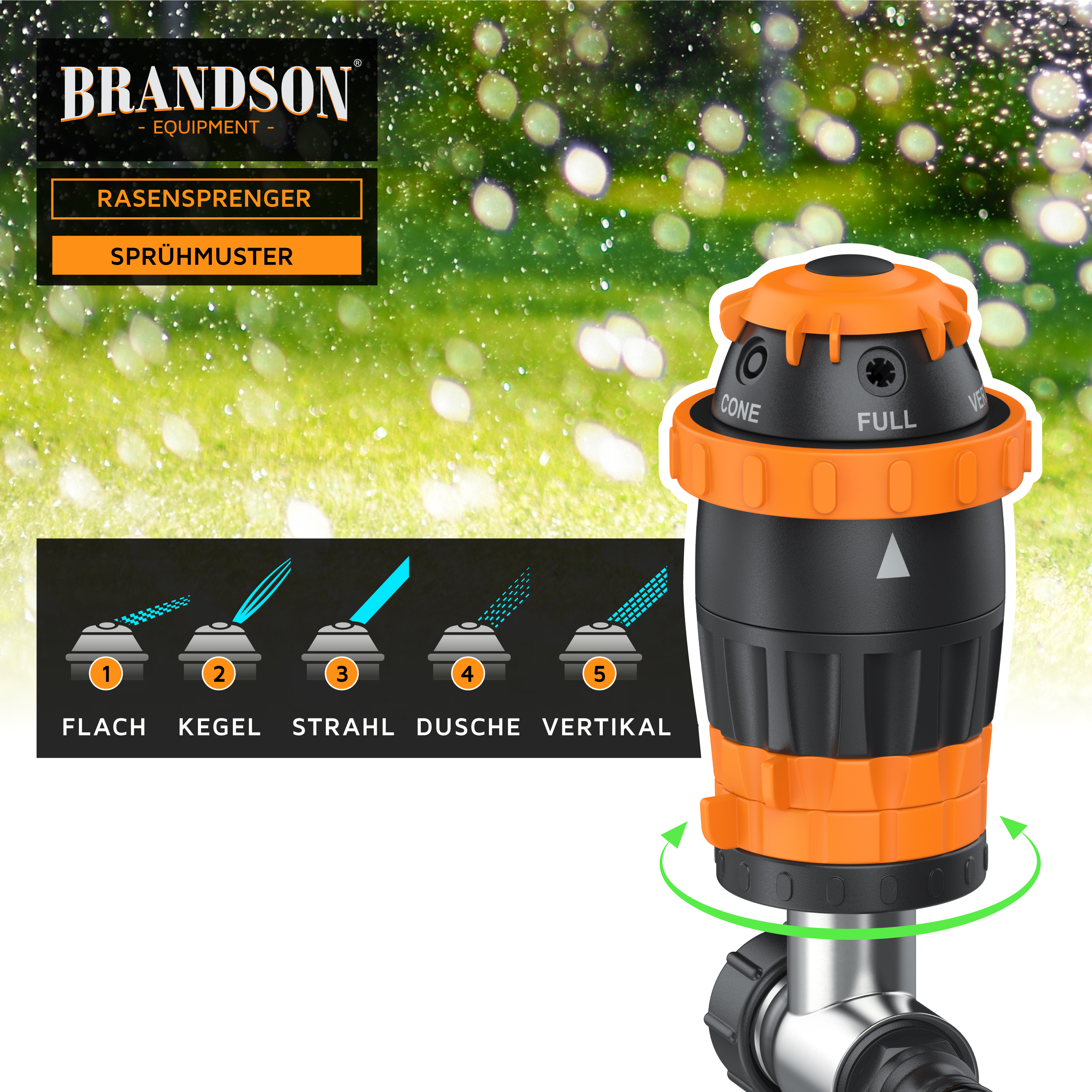 Brandson Rasensprenger mit orangefarbenem Drehknopf zur Einstellung von fünf Sprühmustern, robustem schwarzem Gehäuse und verstellbarer Halterung.
