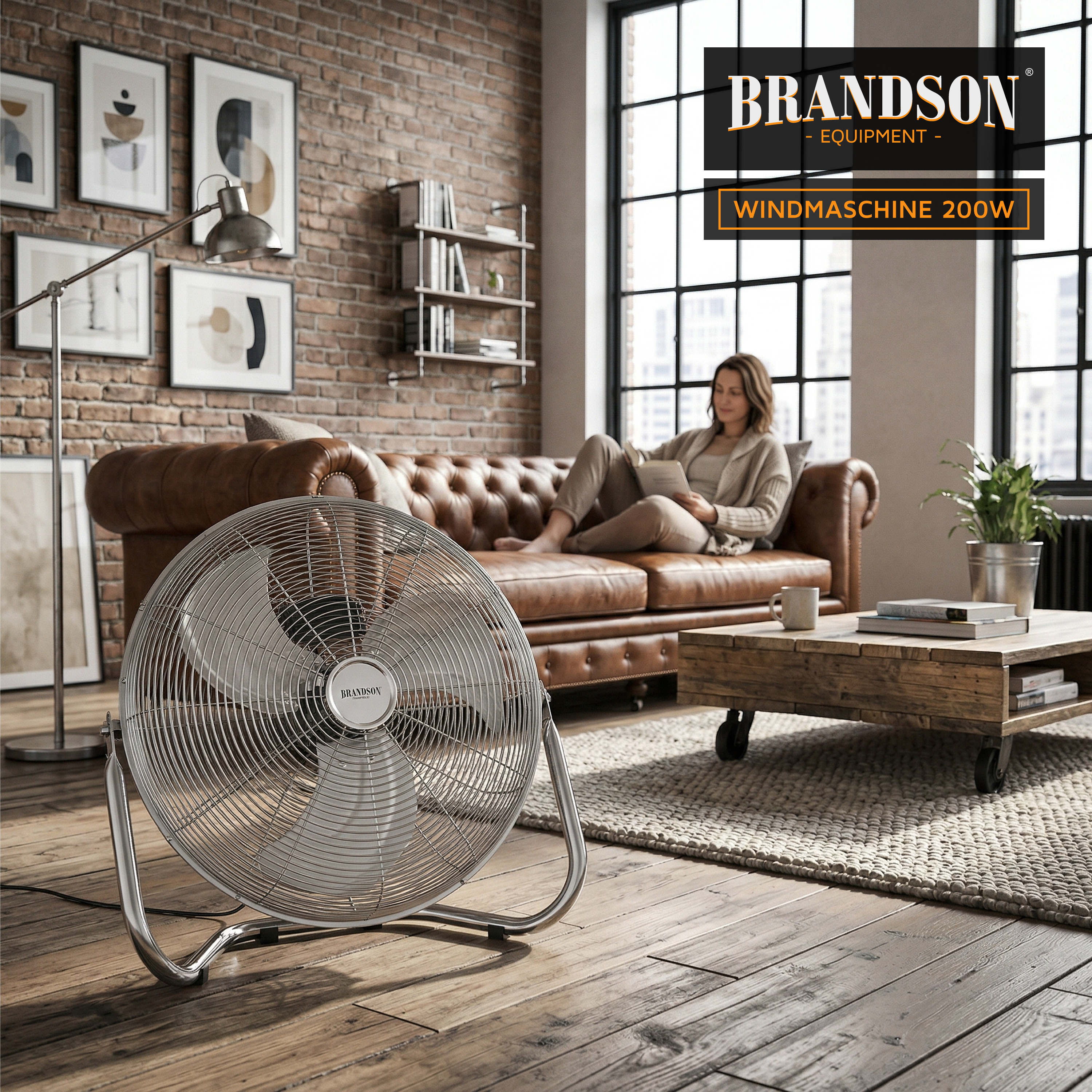 Brandson-Windmaschine mit Metallrahmen und großen Flügeln, platziert in einem gemütlichen Wohnzimmerambiente neben einem Ledersofa.