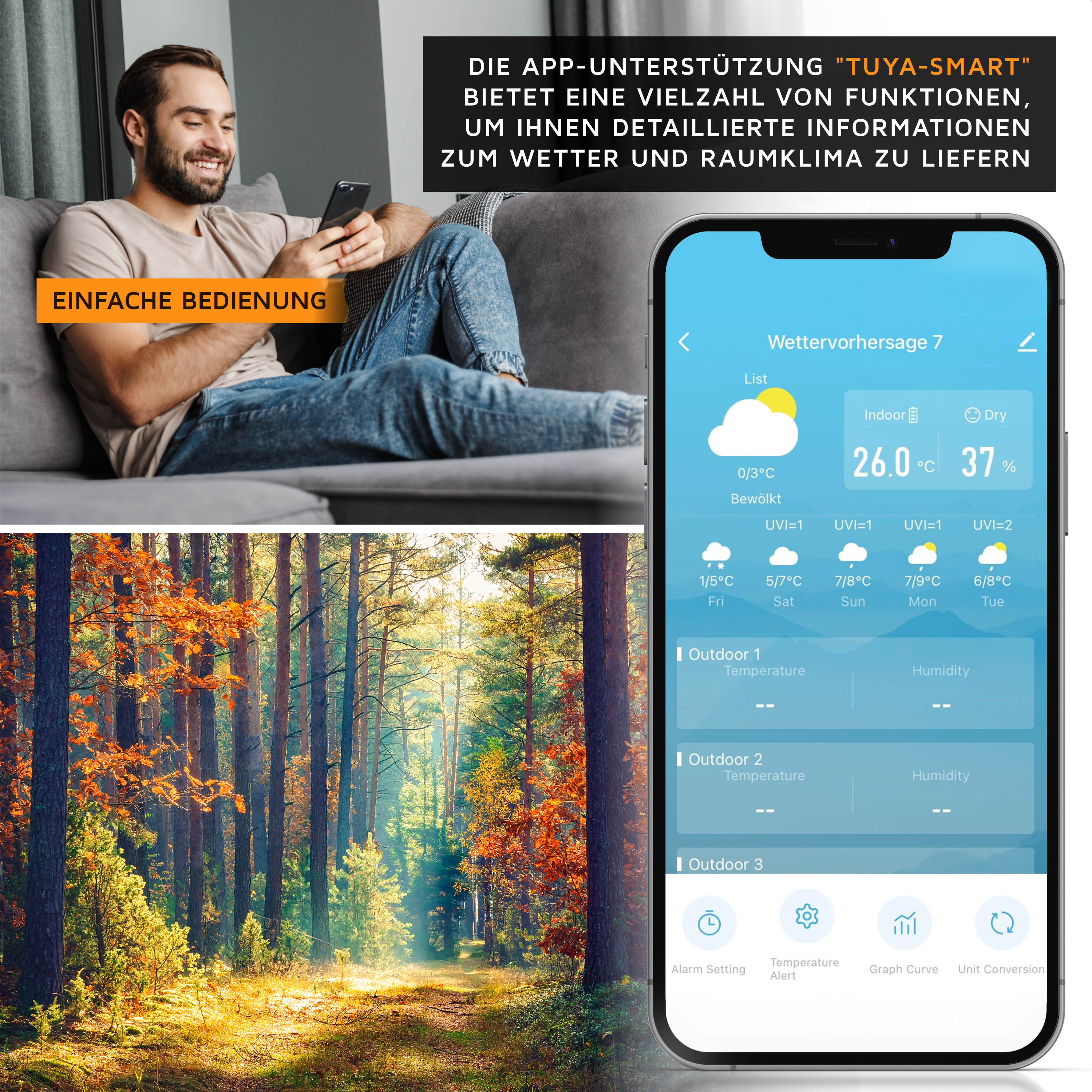 Brandson App zur Wettervorhersage auf einem Smartphone, zeigt Temperatur und Luftfeuchtigkeit, benutzerfreundliche Oberfläche.