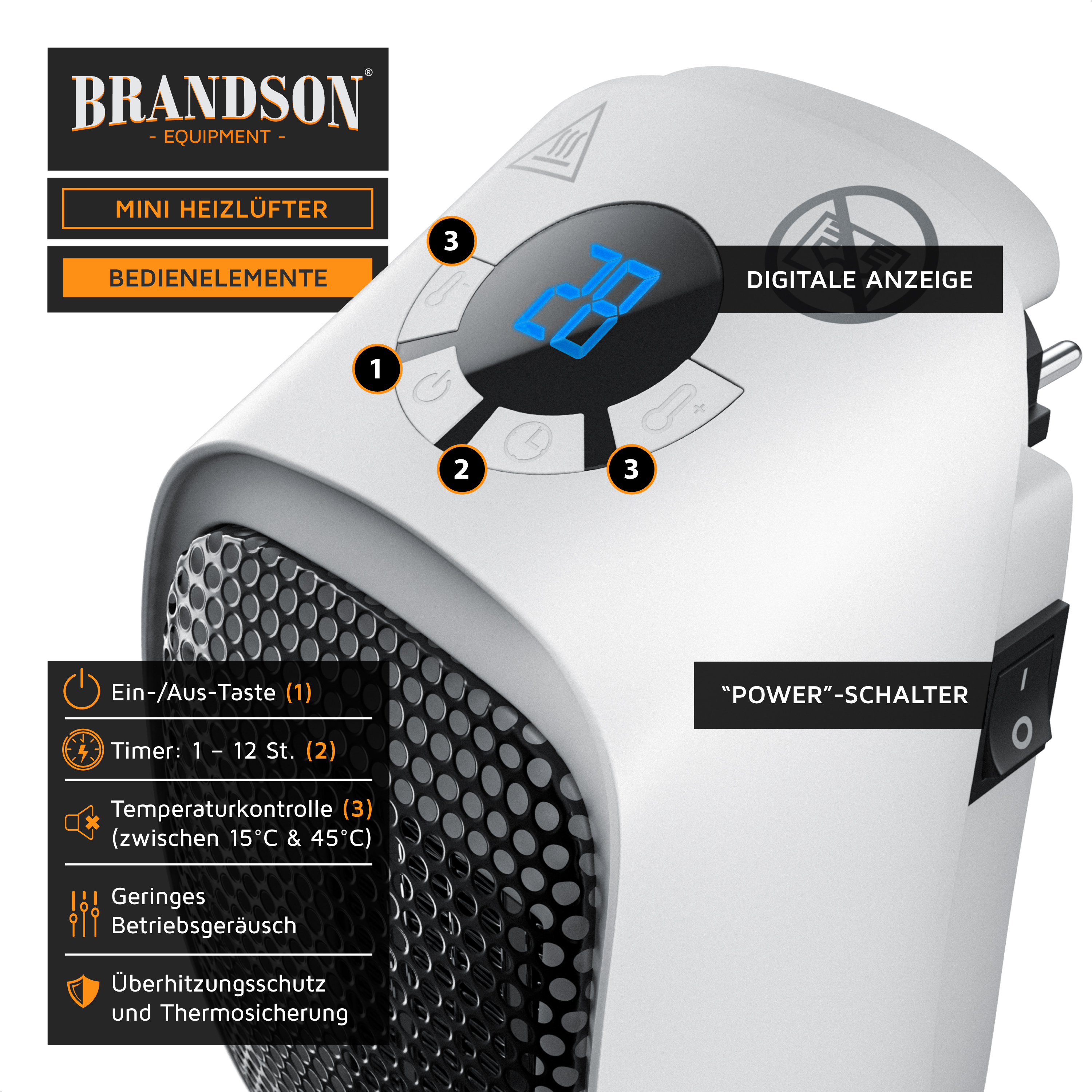 Brandson Mini Heizlüfter mit digitaler Anzeige, Bedienfeld und Temperaturkontrolle, in weiß mit schwarzem Gitterdesign.