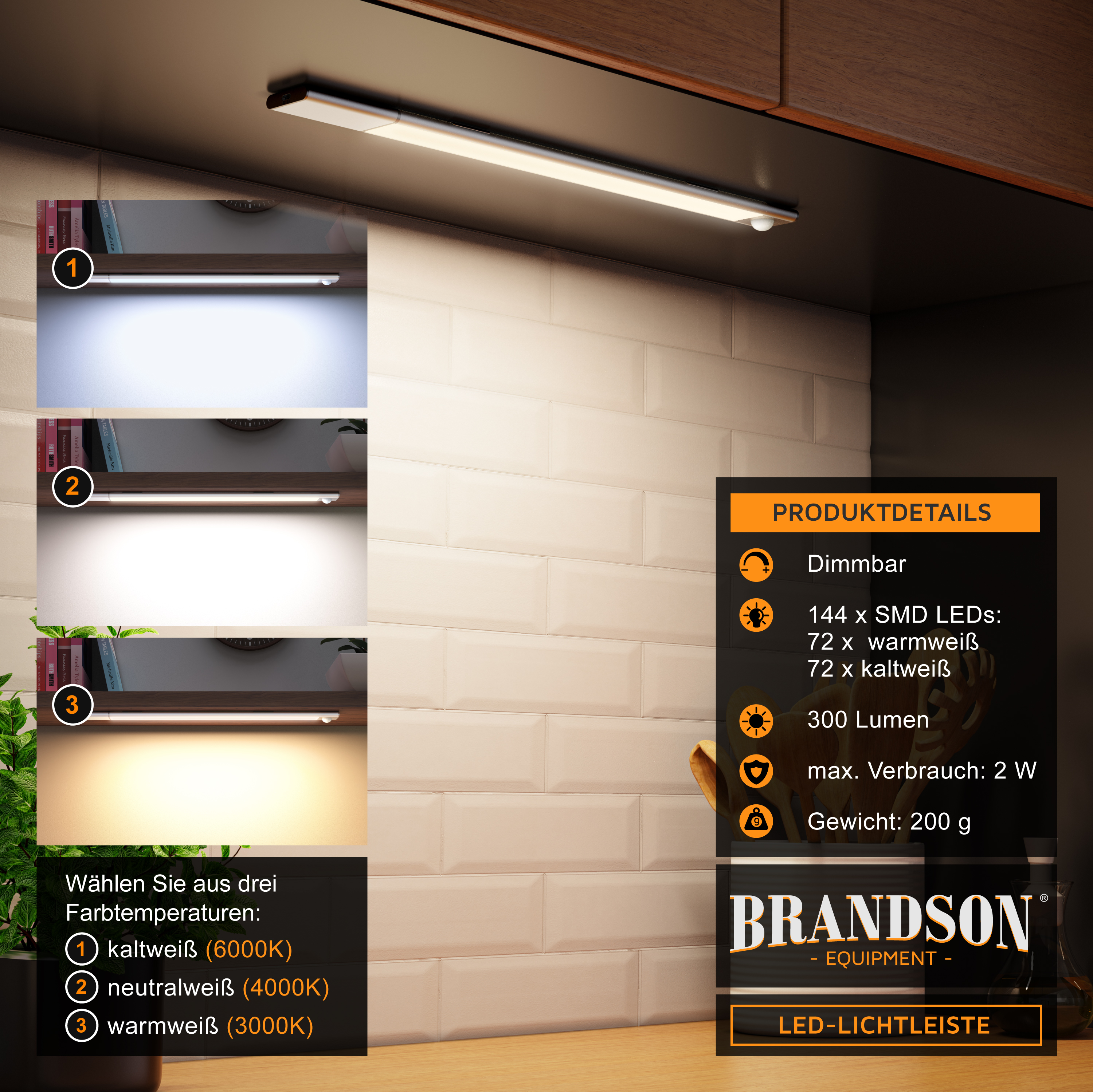 Brandson LED-Lichtleiste mit einstellbarer Helligkeit, elegantem Design und drei Farbtemperaturoptionen, montiert unter einem Schrank.