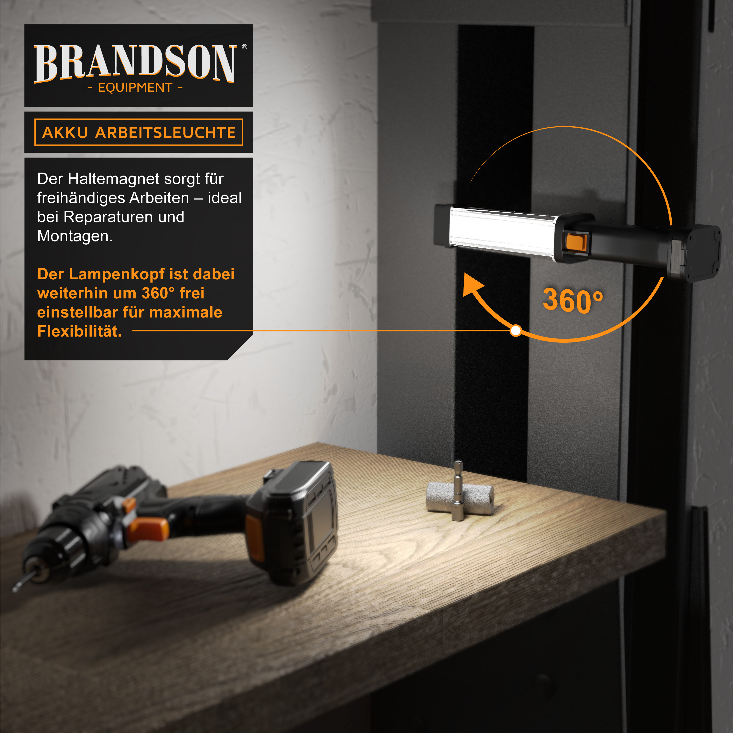 Brandson Akku-Arbeitsleuchte mit Haltemagnet, 360° drehbarem Lampenkopf und handlichem Design, ideal für Reparaturen und Montagen.