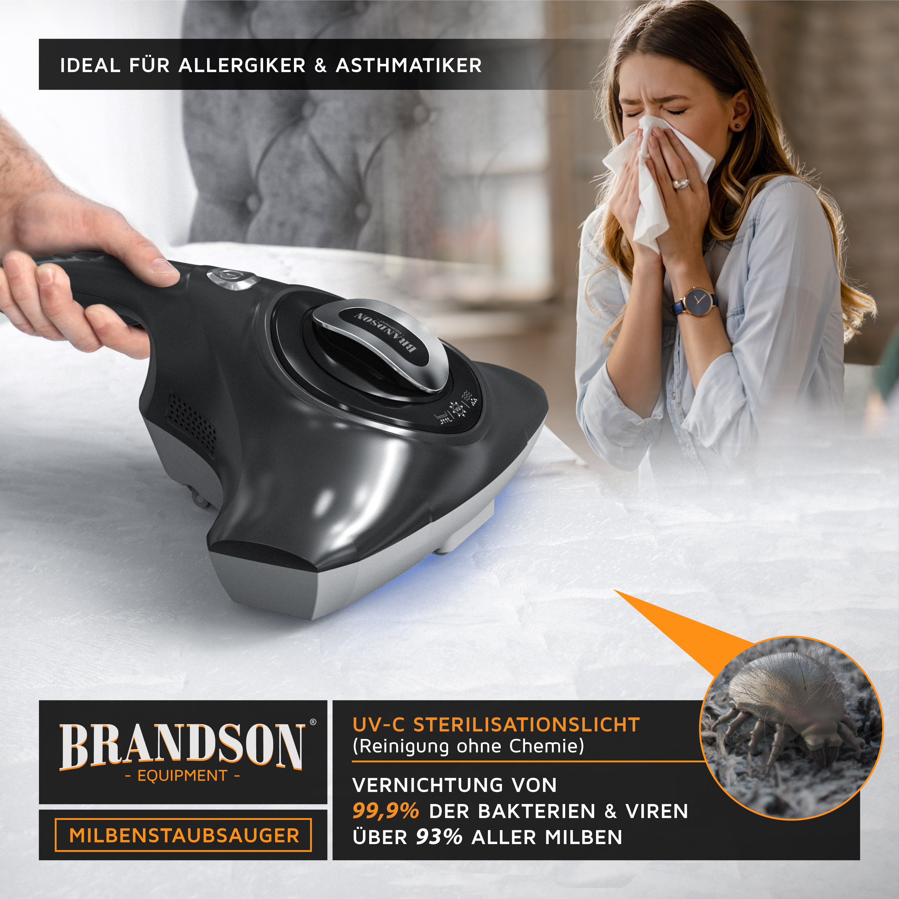Brandson Milbenstaubsauger in Schwarz mit ergonomischem Griff und Bedienfeld, ideal für Allergiker, zur UV-C-Sterilisation.