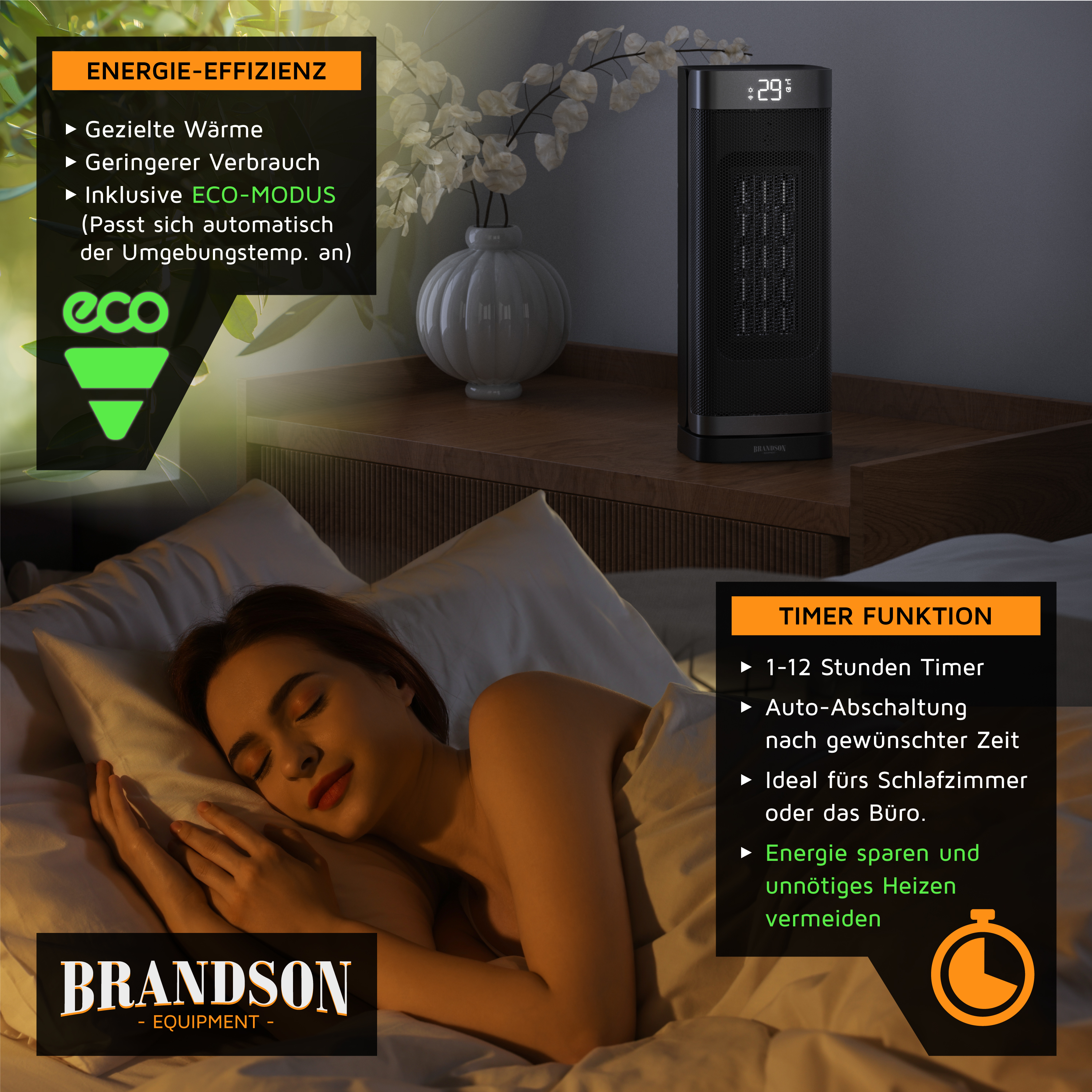 Brandson Heizlüfter in Schwarz mit digitalem Display und Timer-Funktion, ideal für den Einsatz im Schlafzimmer oder Büro.