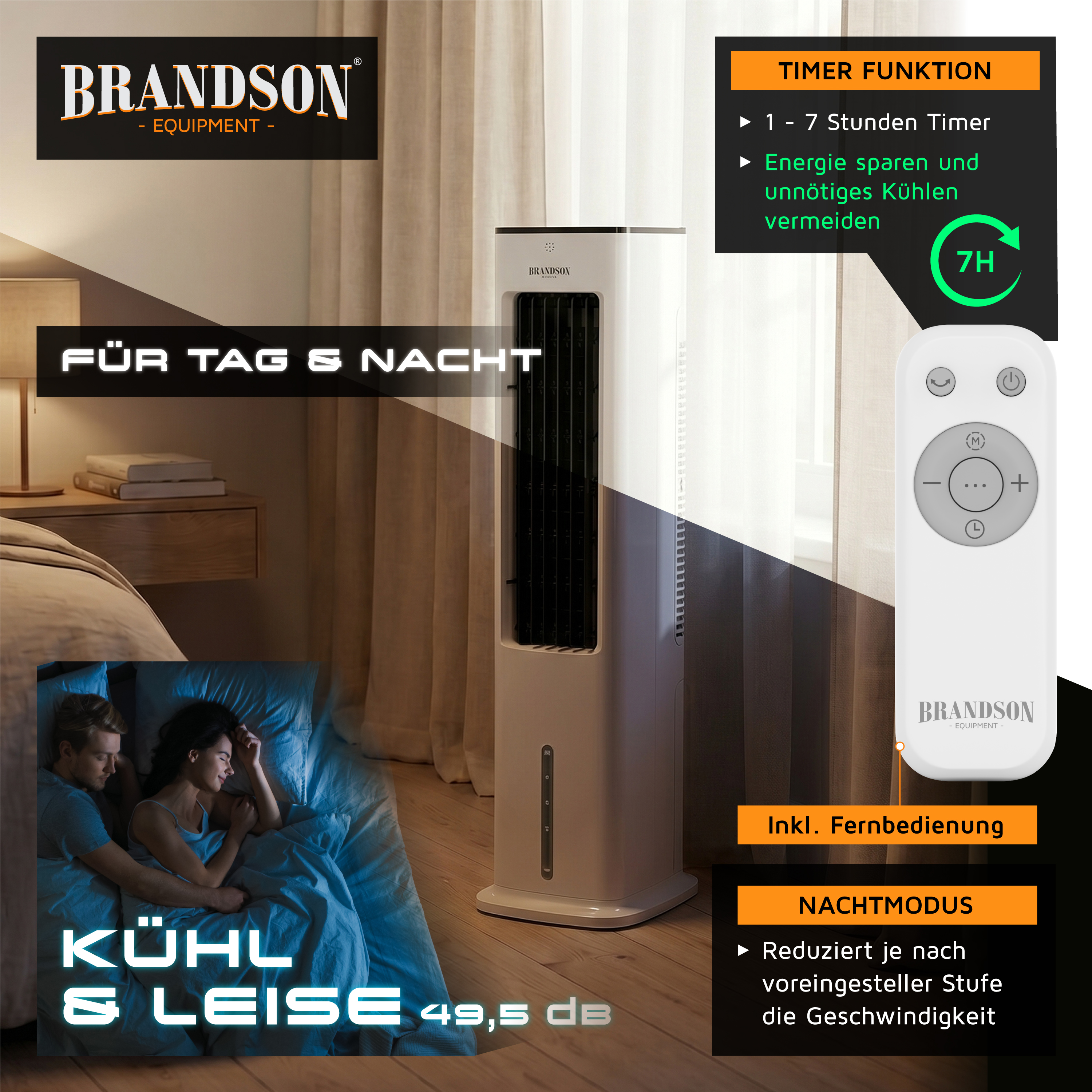 Turmventilator von Brandson in einem modernen Schlafzimmer mit elegantem weißem Design, Fernbedienung und leisem Betriebsmodus für den nächtlichen Gebrauch.