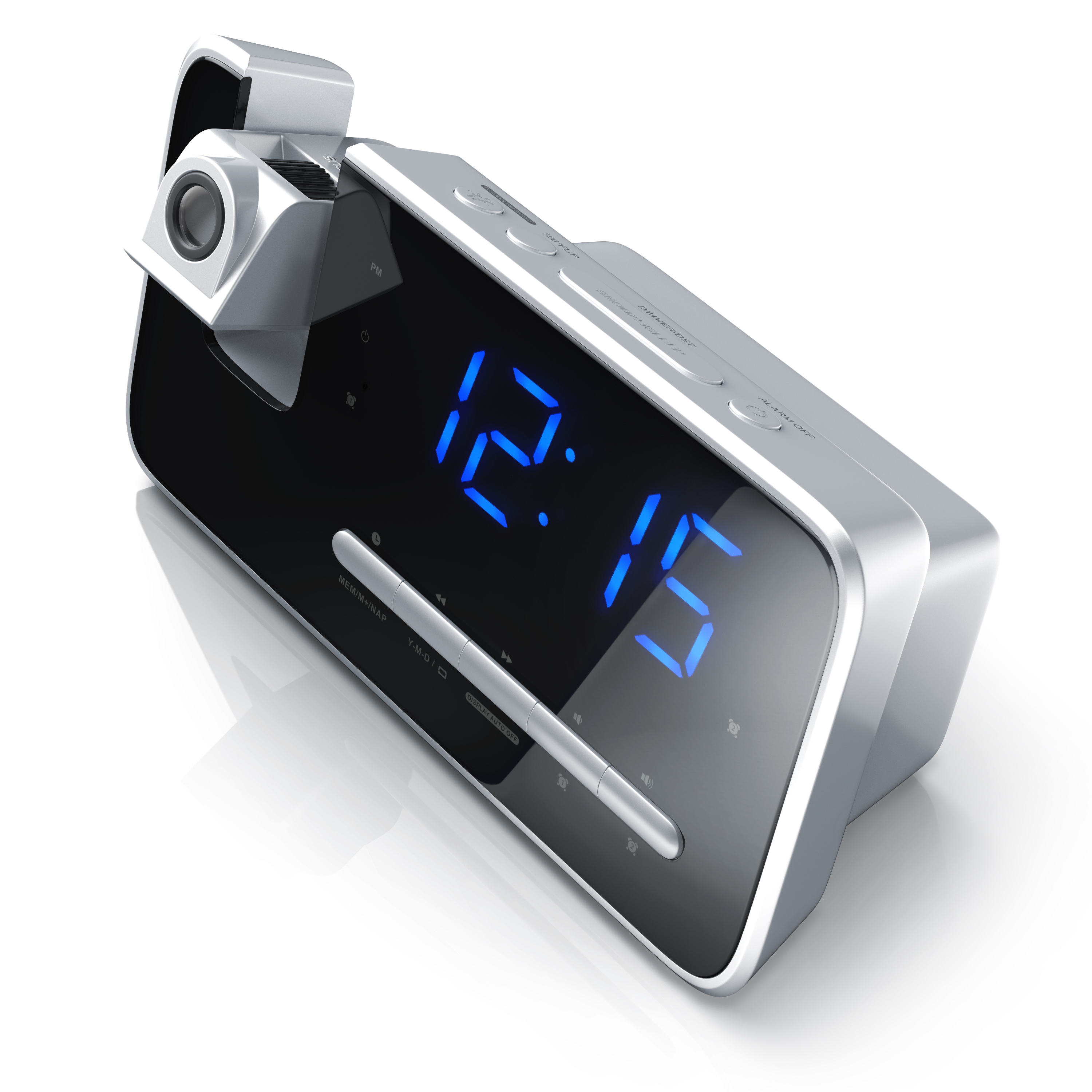 Brandson Wecker mit digitalem Display, blauen Ziffern, Bedienfeld und Lautsprecher, in silberner und schwarzer Farbgestaltung.