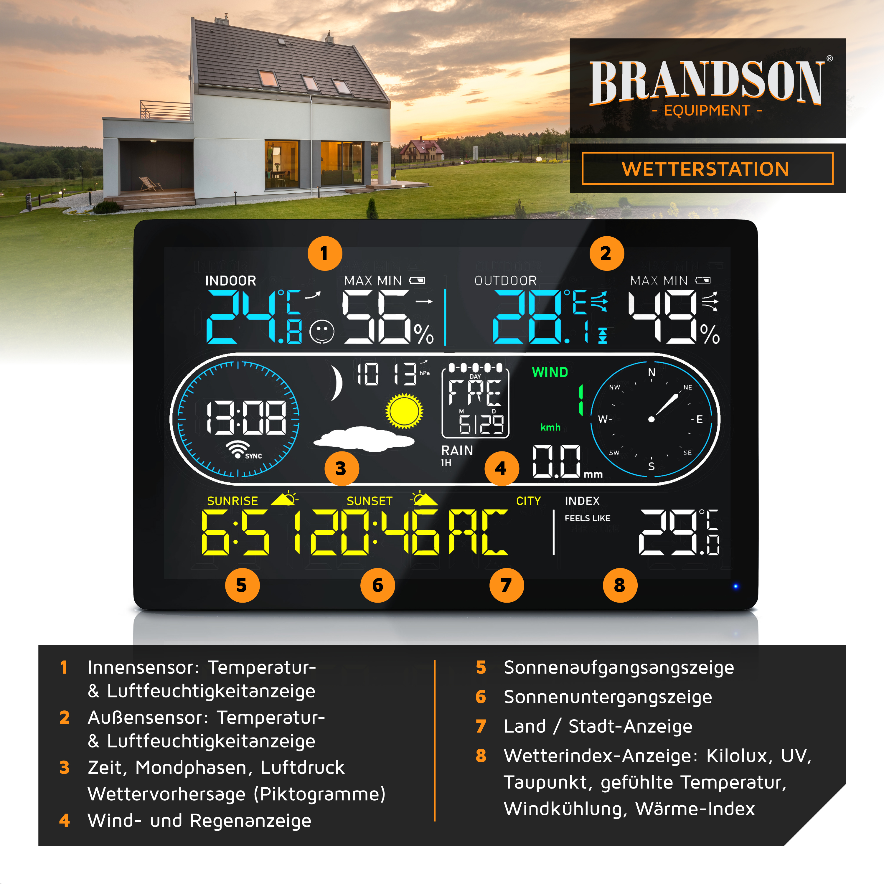 Brandson-Wetterstation mit Innen- und Außentemperaturanzeige, Luftfeuchtigkeitsanzeigen und Wettervorhersagesymbolen auf einem eleganten schwarzen Bildschirm.