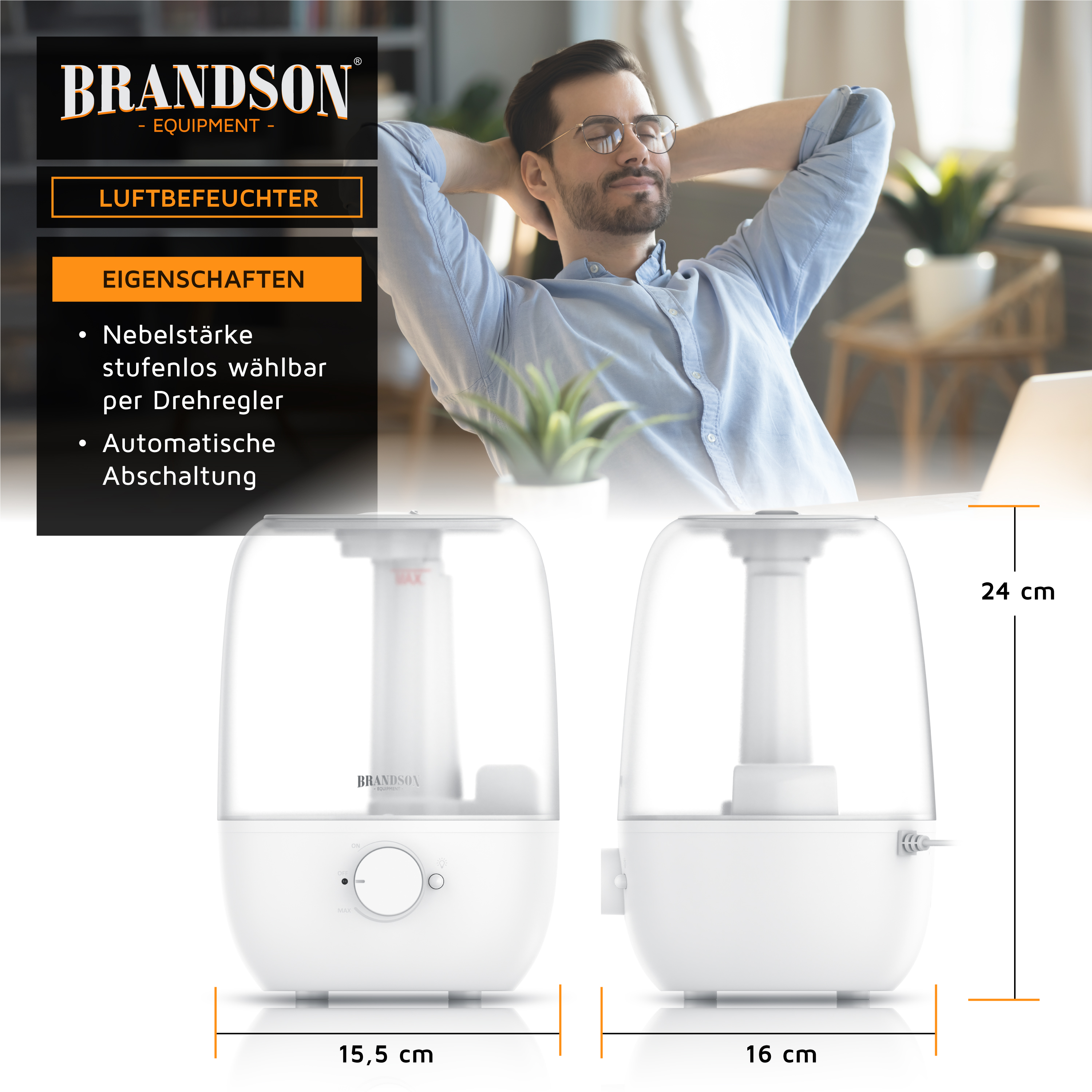 Brandson Luftbefeuchter im modernen Design, weiß mit transparentem Wassertank, Drehregler zur Nebelstärkewahl und automatischer Abschaltung.