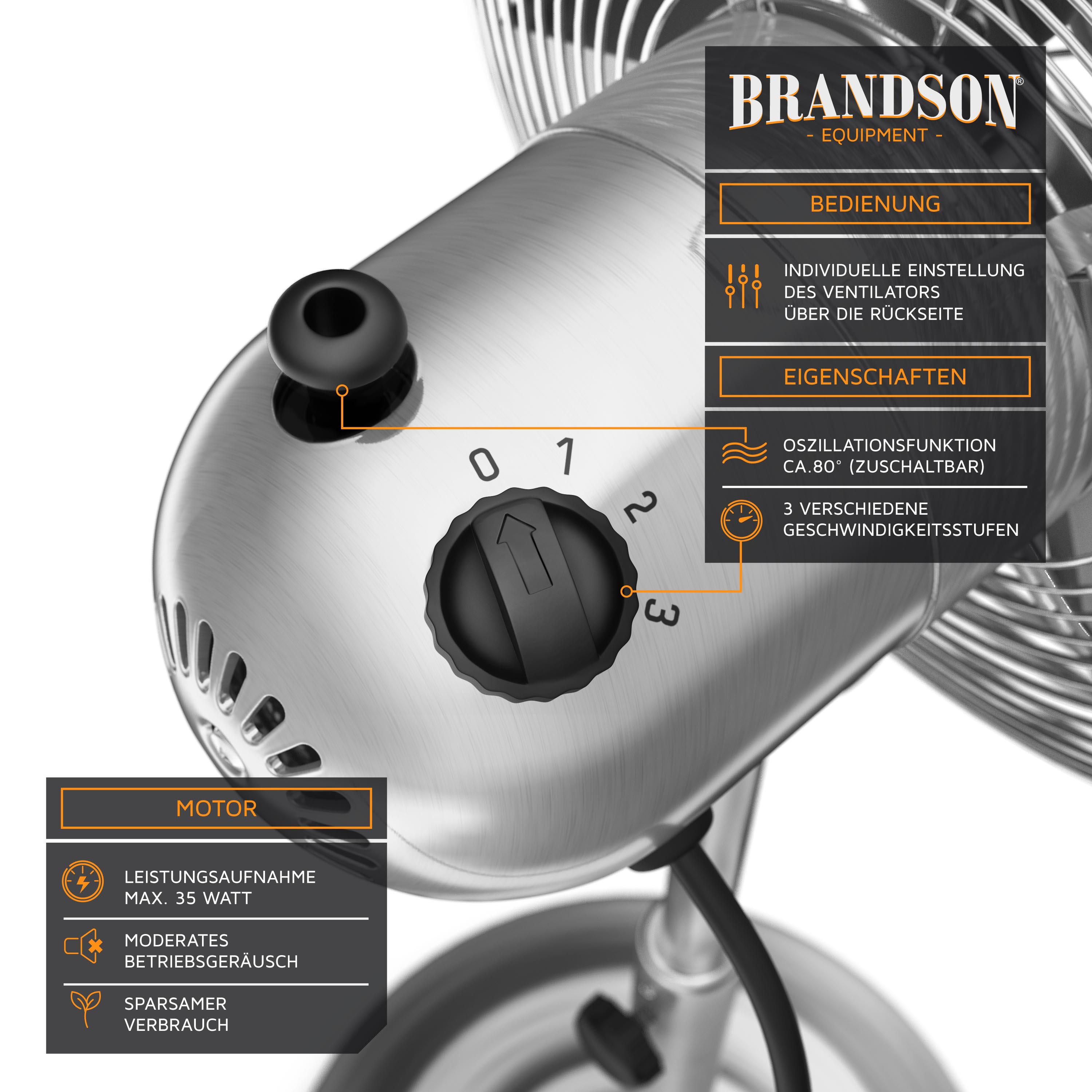Brandson Standventilator mit verstellbarem Bedienfeld, schwarzem Drehregler und silbernem Gehäuse, ideal für individuelle Luftzirkulation.