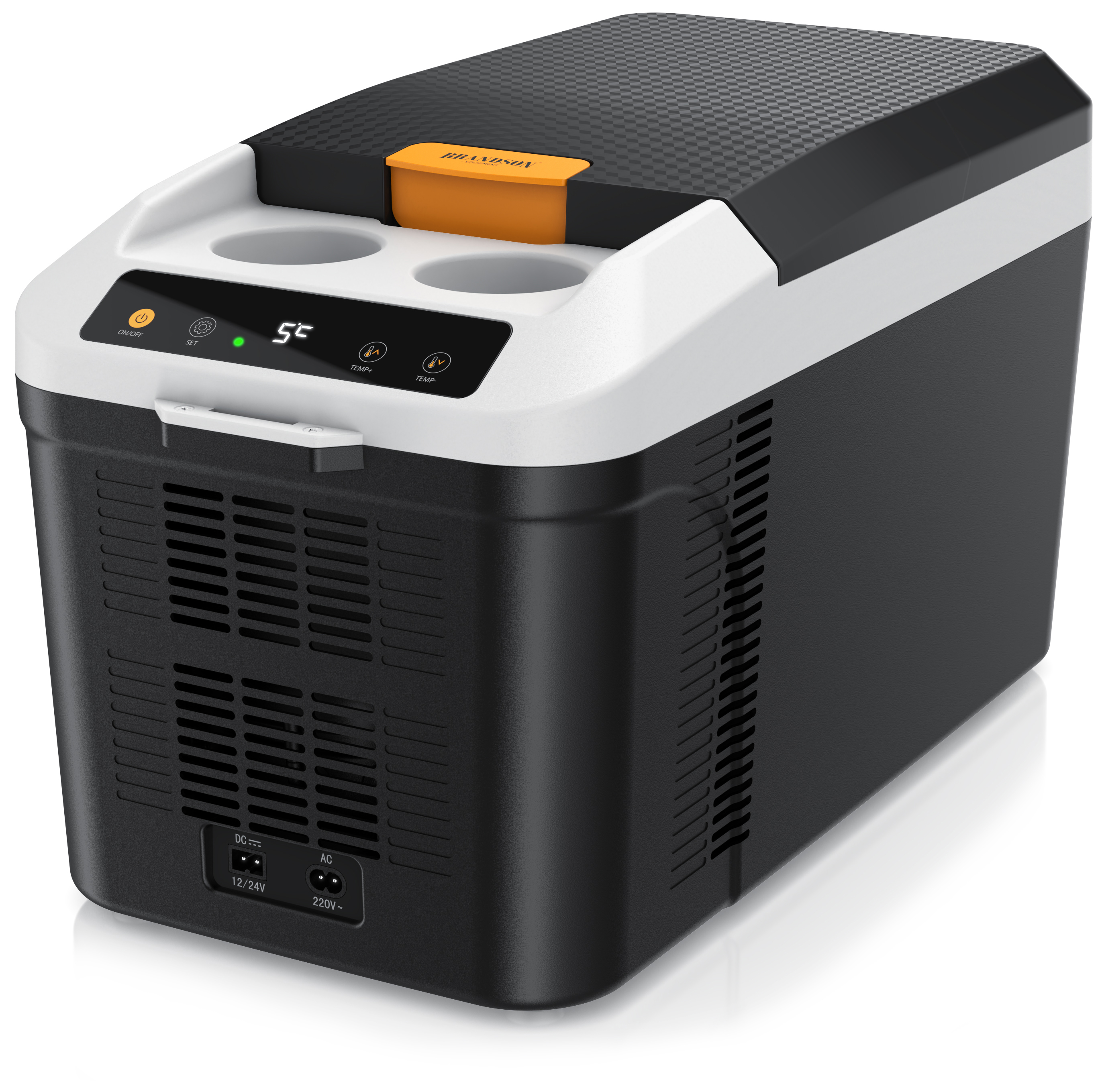 Brandson elektrische Kühlbox in Schwarz und Weiß mit Bedienfeld, zwei Getränkehaltern und Tragegriff, ideal für unterwegs.