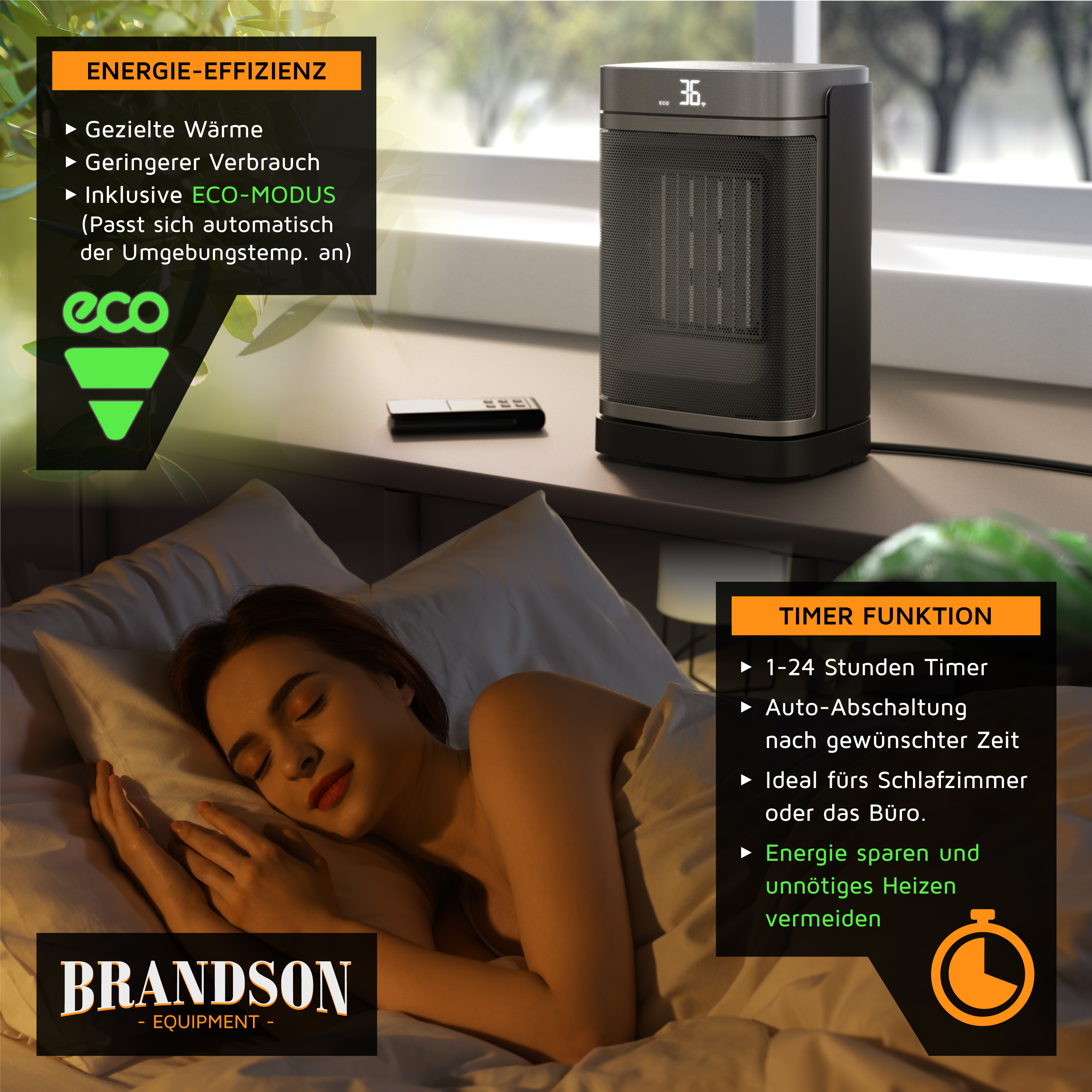 Brandson Heizlüfter in Schwarz mit digitalem Display, Fernbedienung und Timer-Funktion, ideal für Schlafzimmer oder Büro.