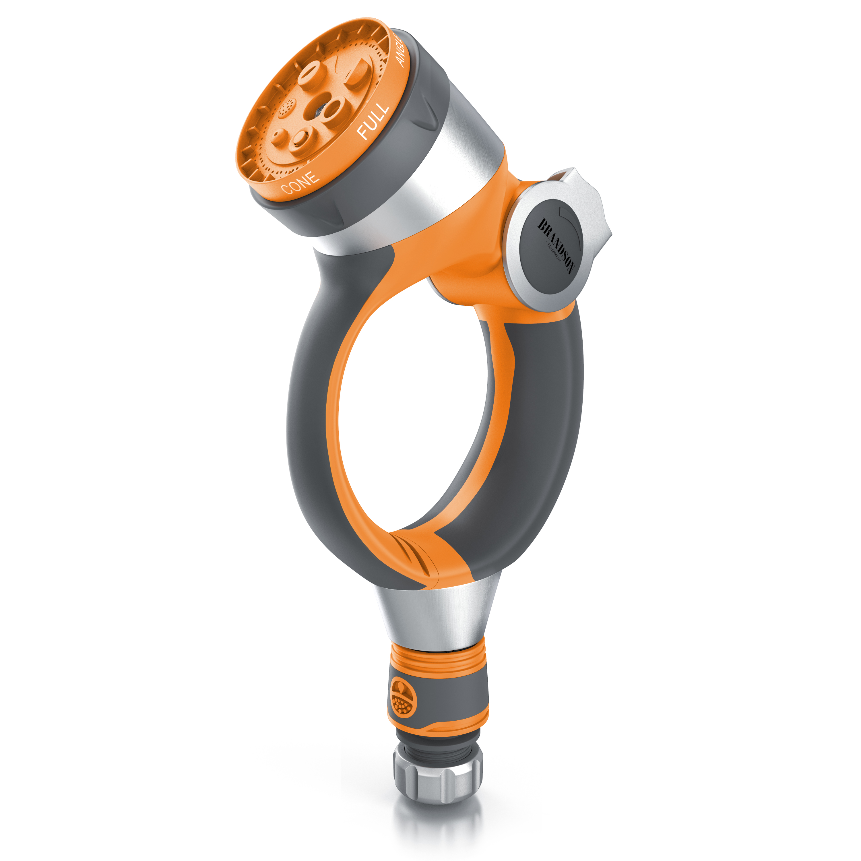 Brandson Gartenschlauchdüse mit ergonomischem Griff, orange und grau, drehbarem Kopf und verschiedenen Sprühmodi.