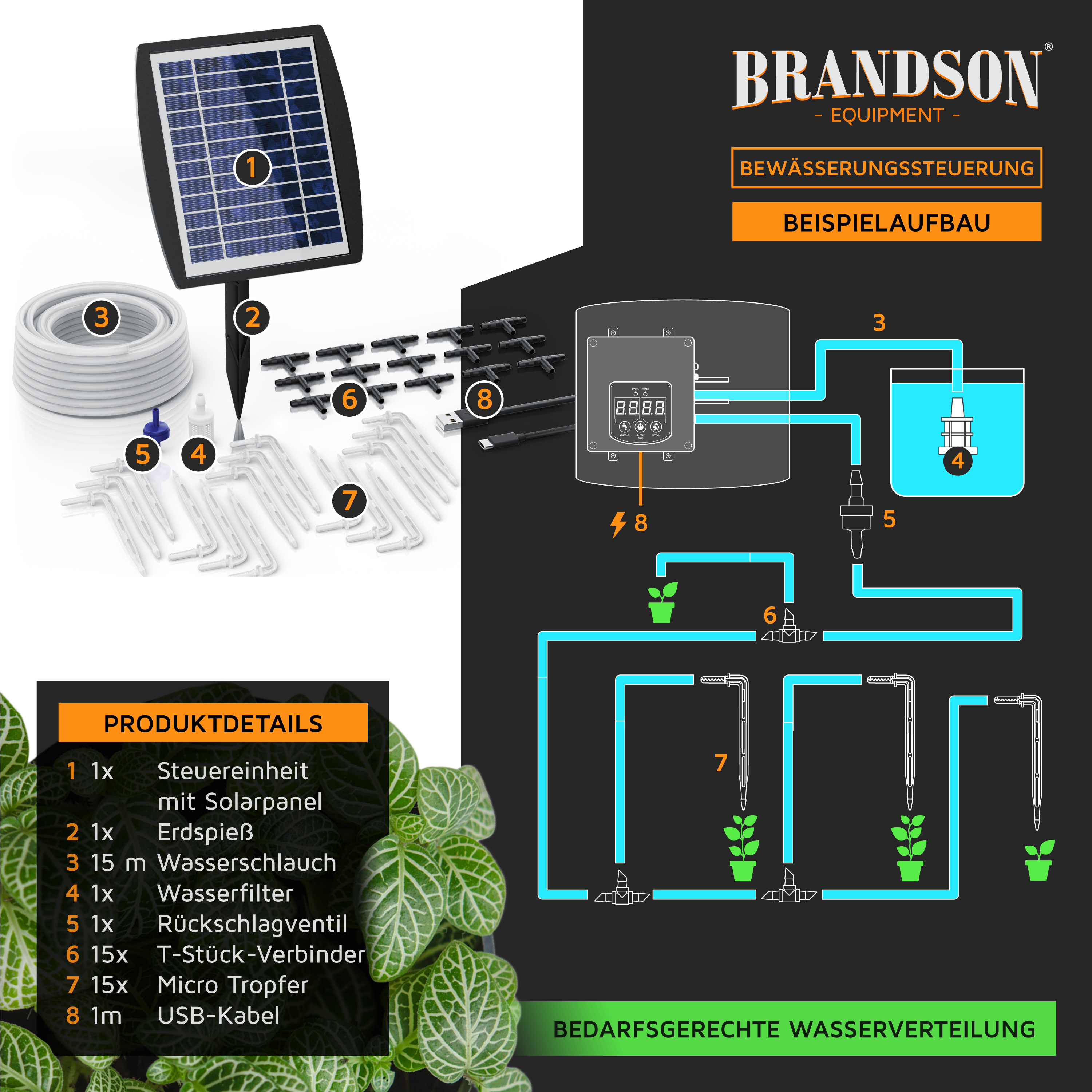 Brandson Bewässerungssteuerung mit Solarsteuerung, Schläuchen, Erdspießen und Steuergerät für automatische Pflanzenbewässerung.