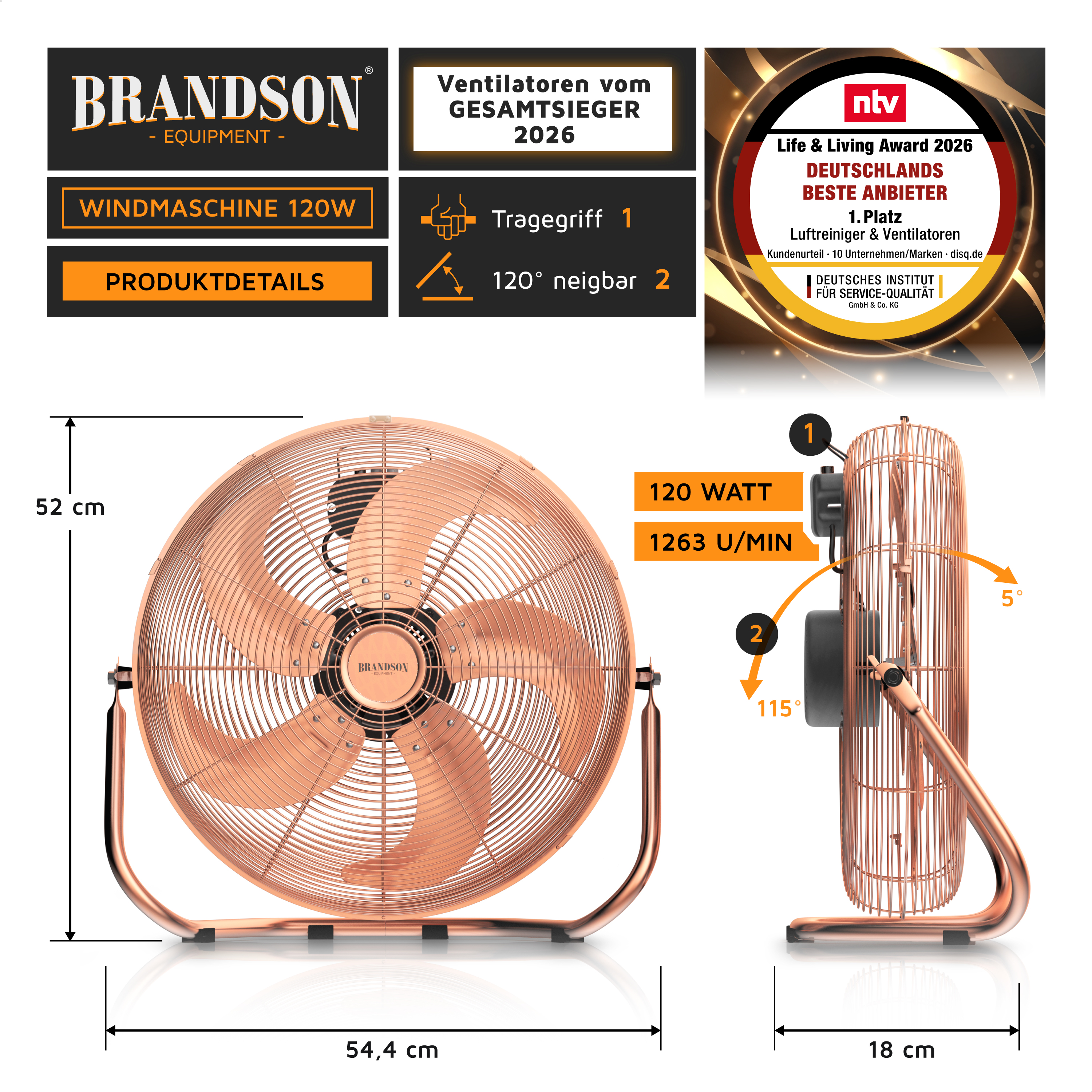 Brandson Windmaschine in Kupferfarbe mit Traggriff, neigbar bis 120°, stabiler Standfuß und sichtbarem Bedienfeld.