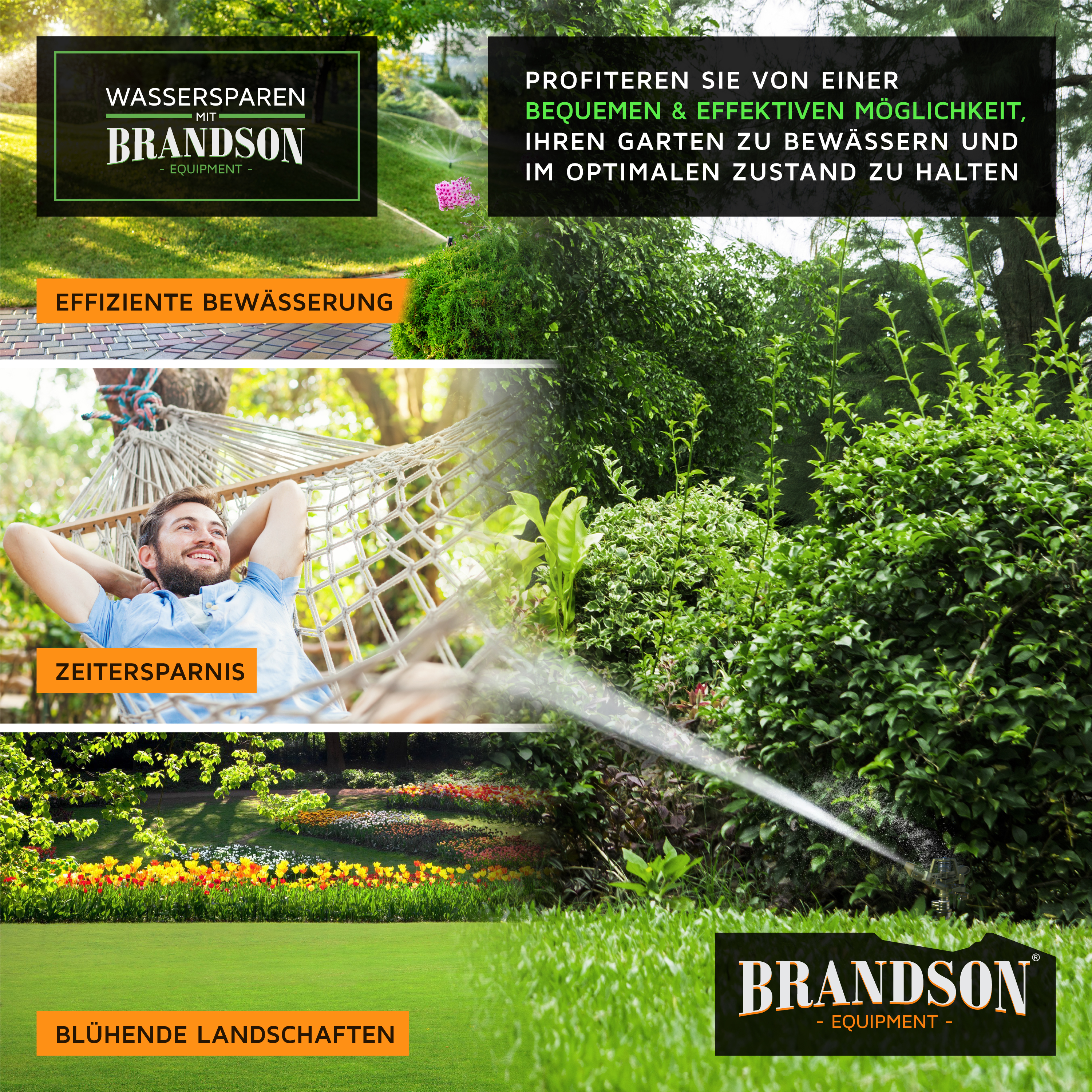 Brandson Bewässerungssystem zur effizienten Gartenbewässerung mit Sprinkler und blühenden Landschaften im Hintergrund.
