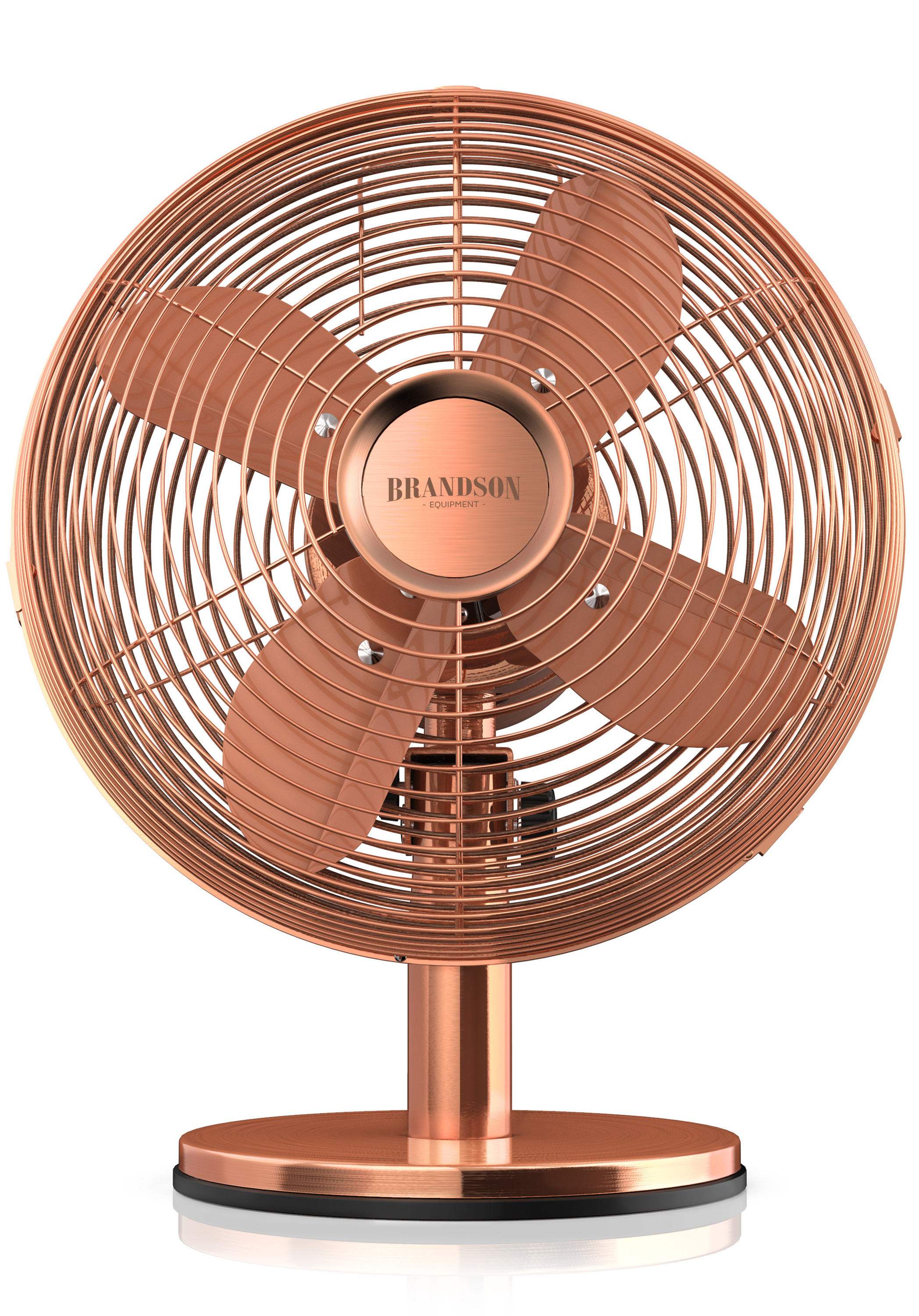 Brandson Standventilator in Kupferfarbe mit Metallgitter, drei Flügeln und stabilem Sockel, konzipiert für den Heimgebrauch.
