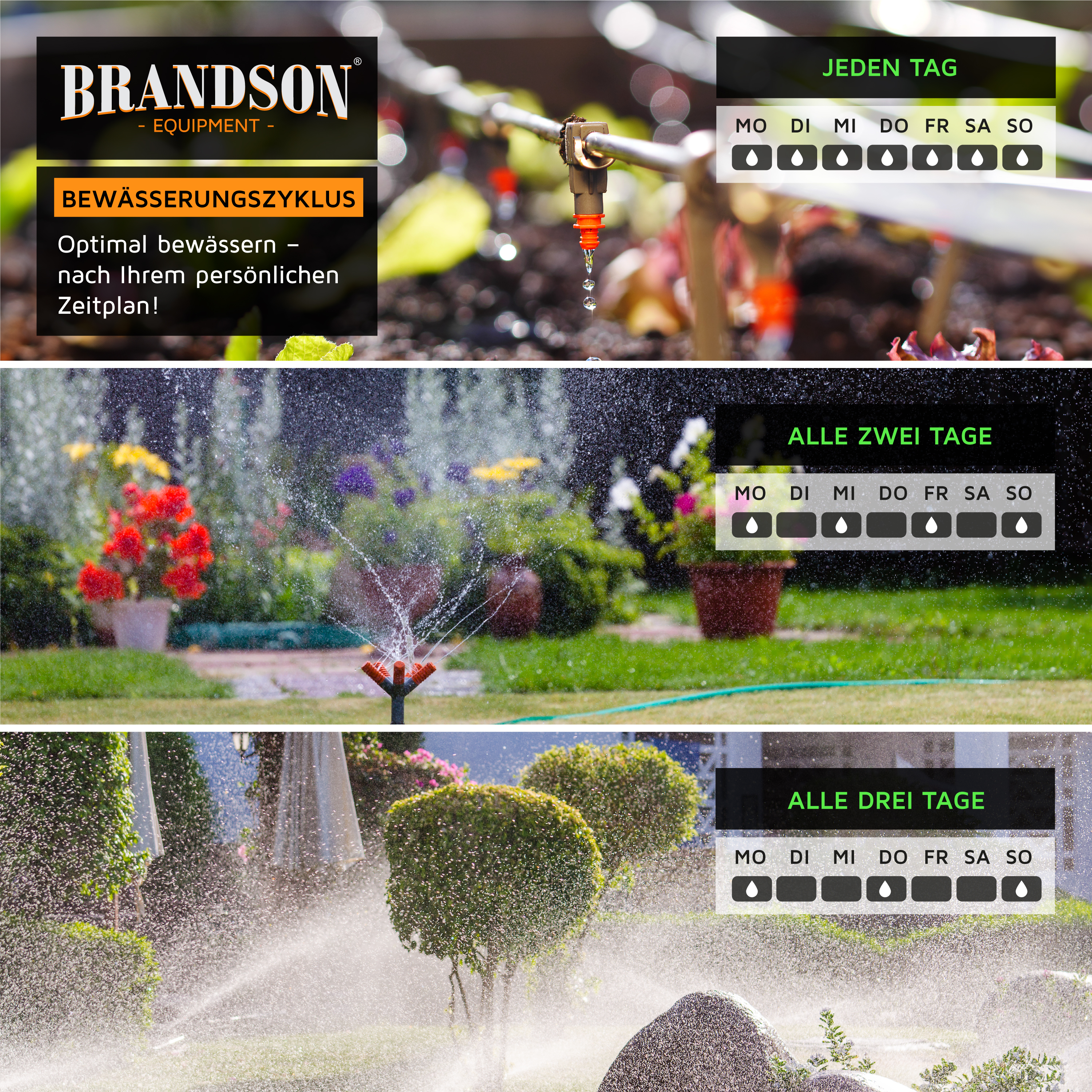 Brandson Bewässerungszyklus mit Sprinkleranlage, das Wasser in einem Garten sprüht, umgeben von bunten Blumen und Pflanzen.