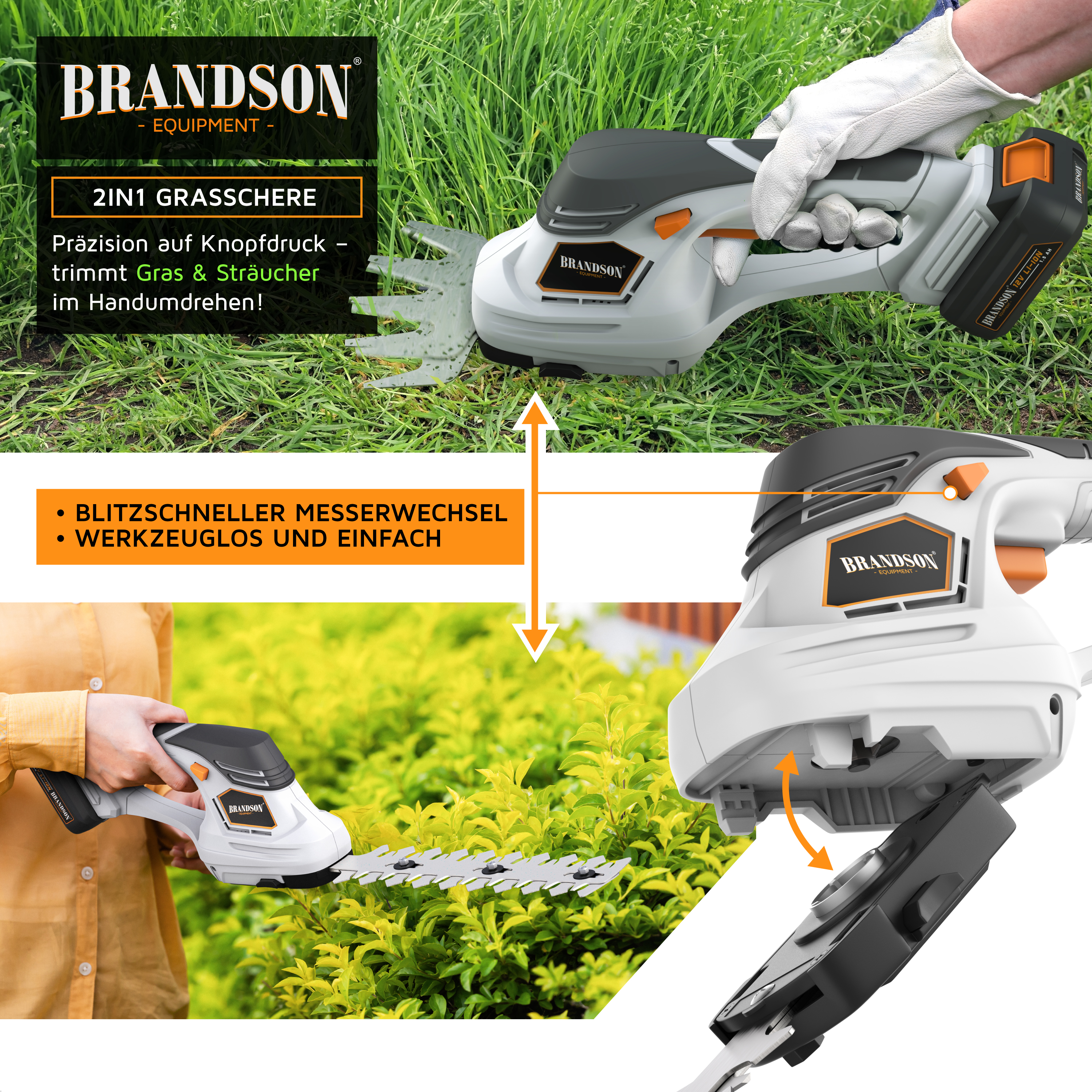 Brandson 2-in-1-Grasschere mit ergonomischem Griff, leichtem Design und austauschbaren Klingen zum Trimmen von Gras und Sträuchern.