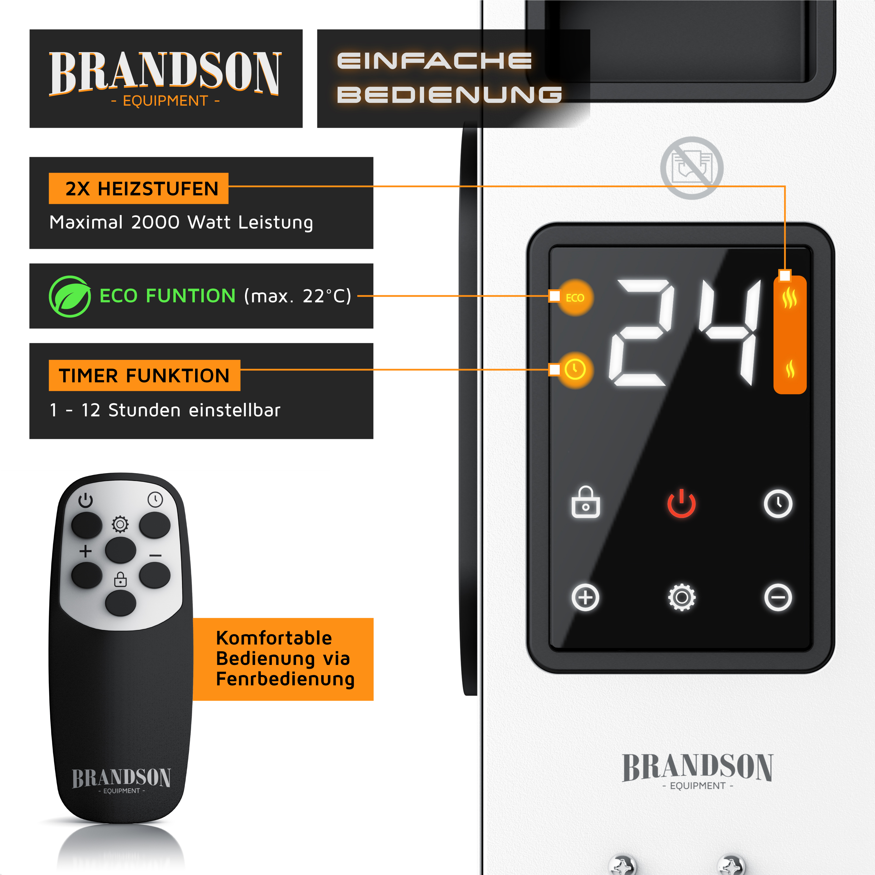Detailansicht des Brandson-Heizlüfters mit Digitalanzeige, Bedienfeld und der mitgelieferten Fernbedienung mit verschiedenen Funktionssymbolen und Einstellungen.