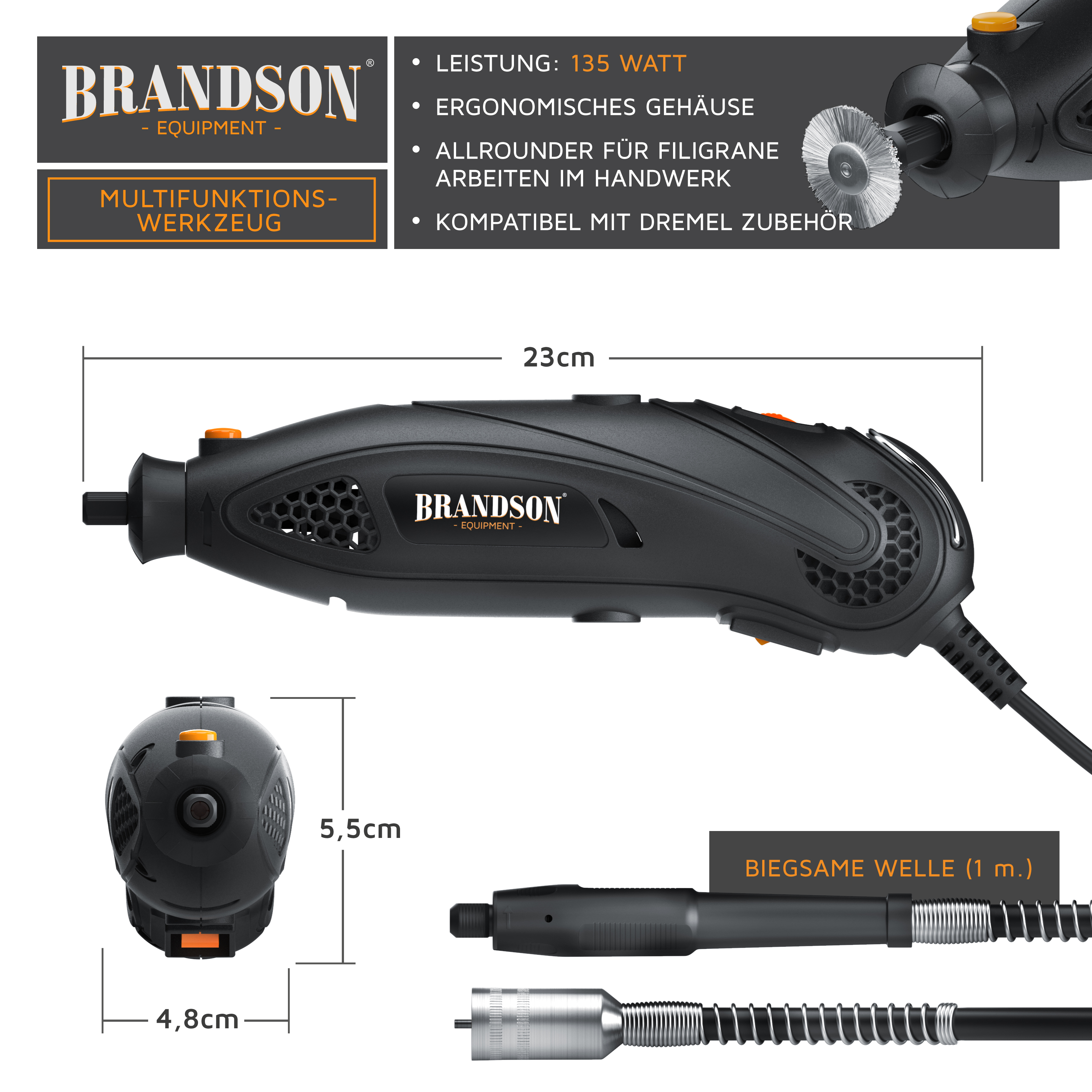Brandson Multifunktionswerkzeug mit ergonomischem Gehäuse, 23 cm lang, inklusive biegsamer Welle und Zubehöranschluss.
