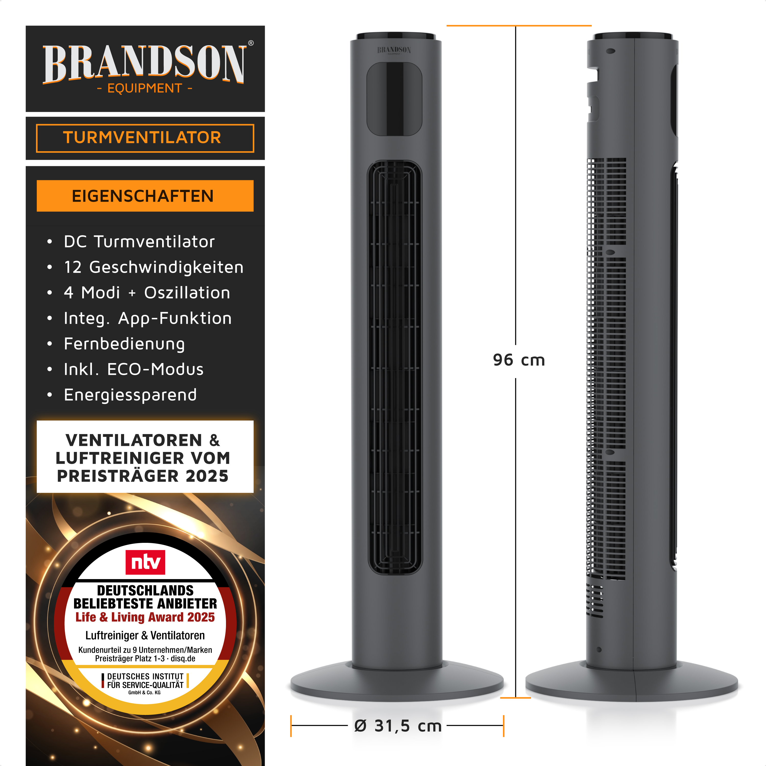 Brandson Turmventilator in Schwarz mit 96 cm Höhe, integrierter App-Funktion, Fernbedienung und ECO-Modus.