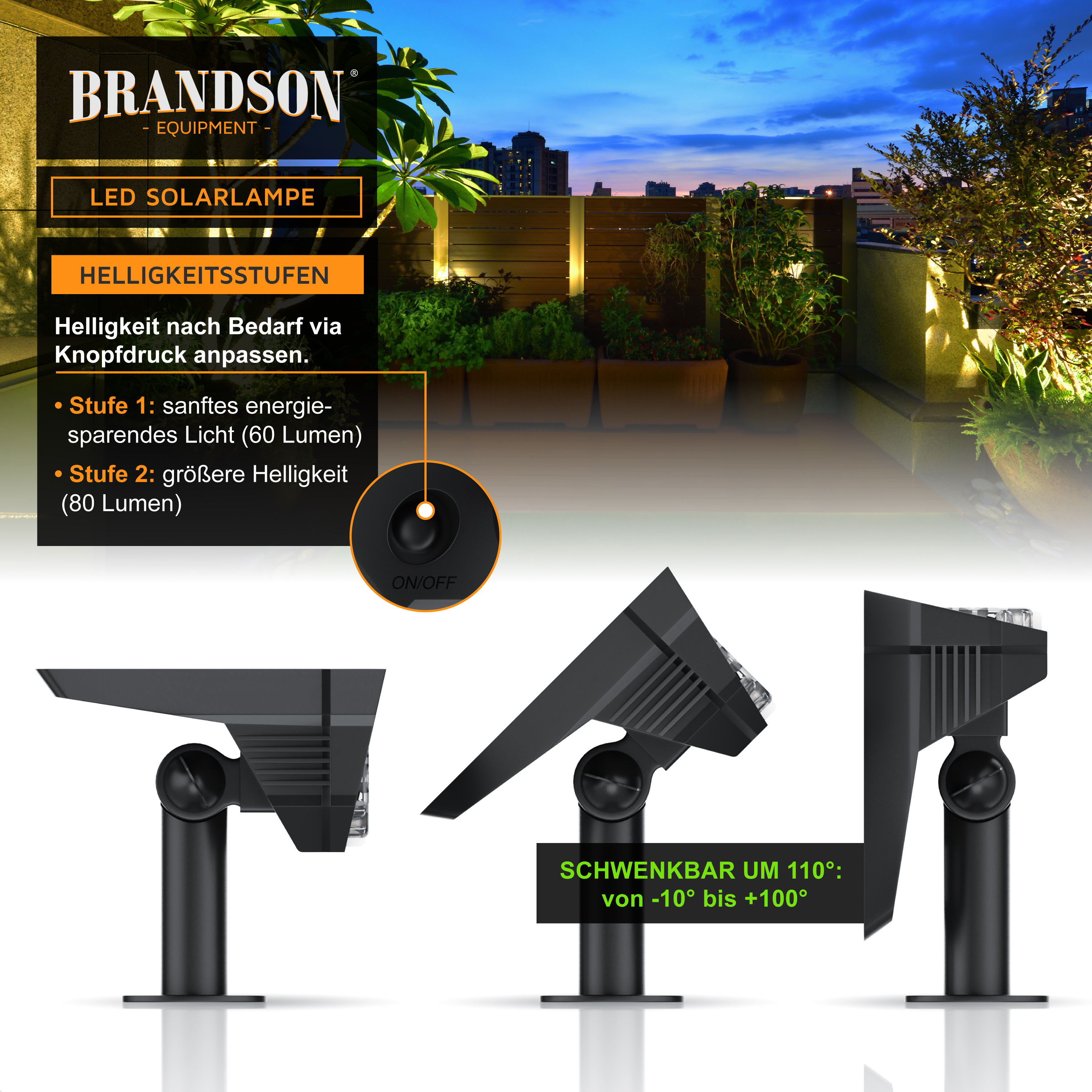 Brandson LED-Solarlampe mit einstellbaren Helligkeitsstufen, elegantem schwarzem Design und schwenkbarem Sockel für optimale Lichtrichtung.