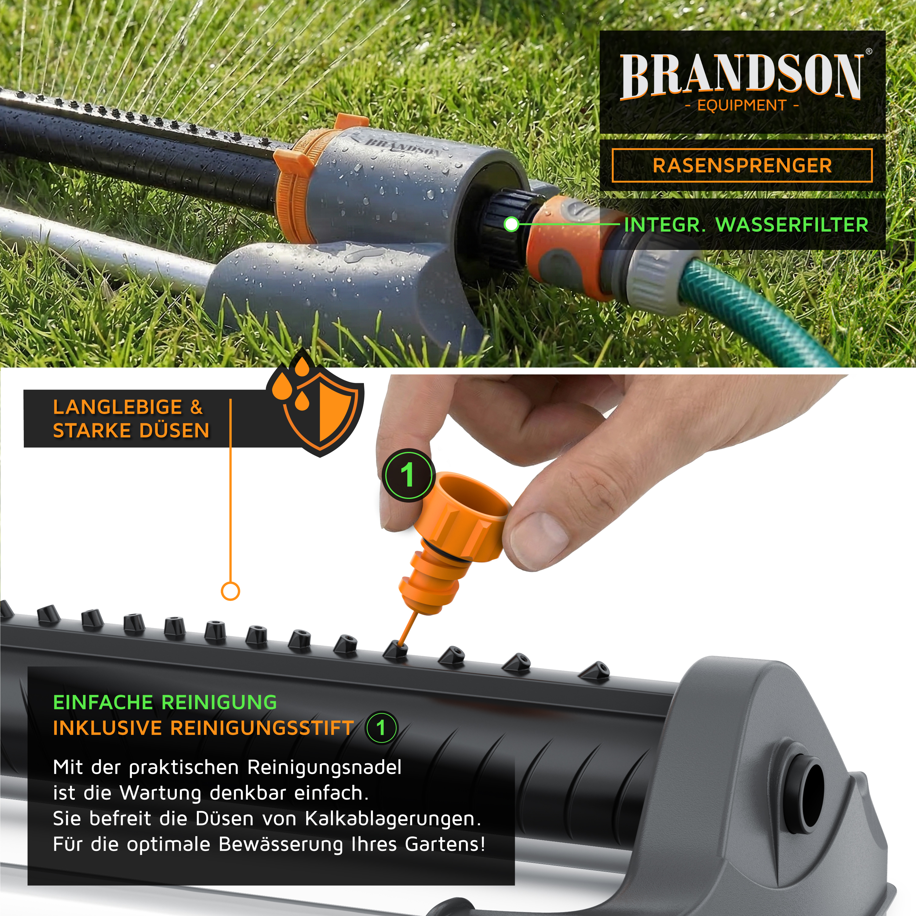 Brandson Rasensprenger mit robusten Düsen und integriertem Wasserfilter, ideal für die einfache Gartenbewässerung.