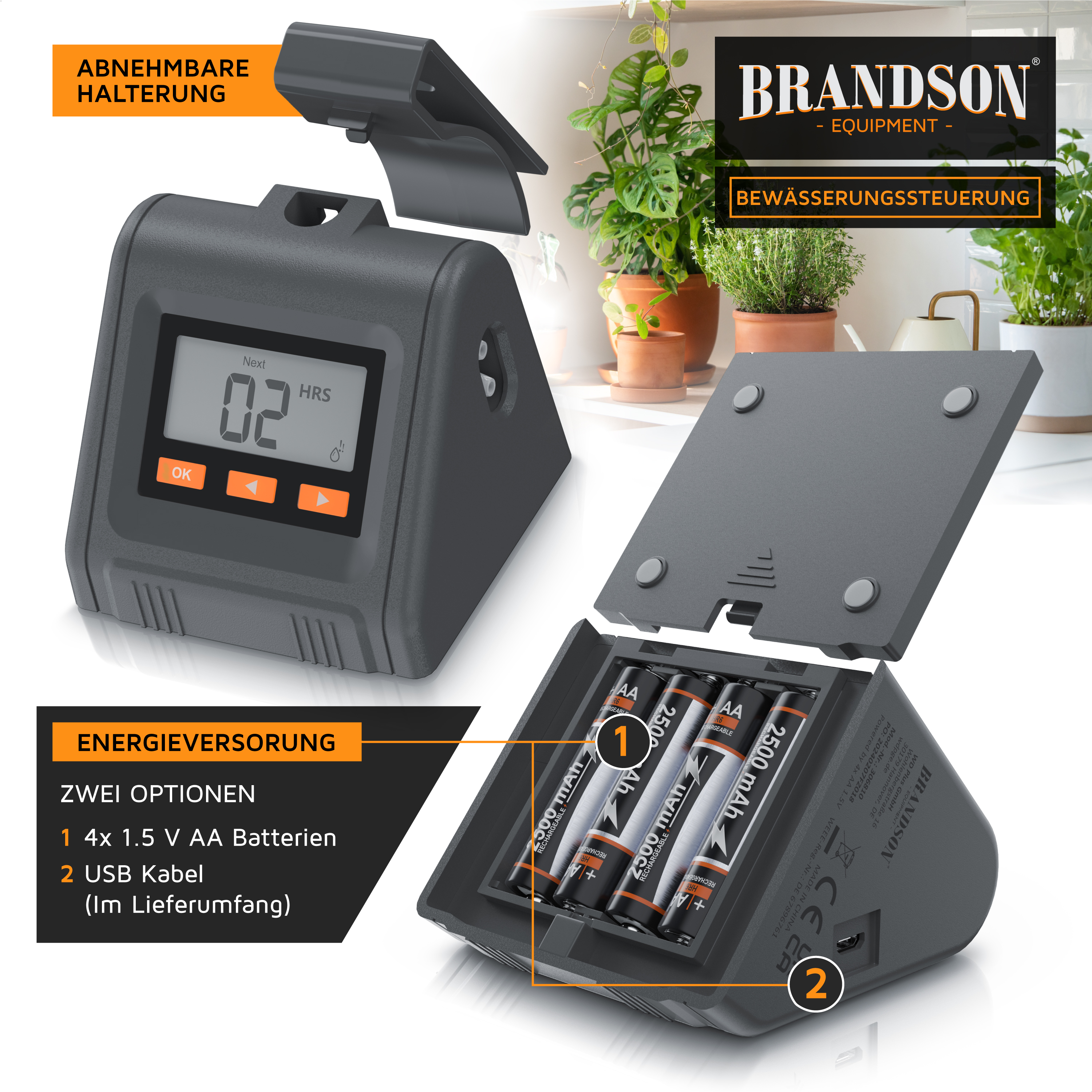 Brandson Bewässerungssteuerung mit abnehmbarer Halterung, digitalem Display und Optionen für Batterien oder USB-Stromversorgung.