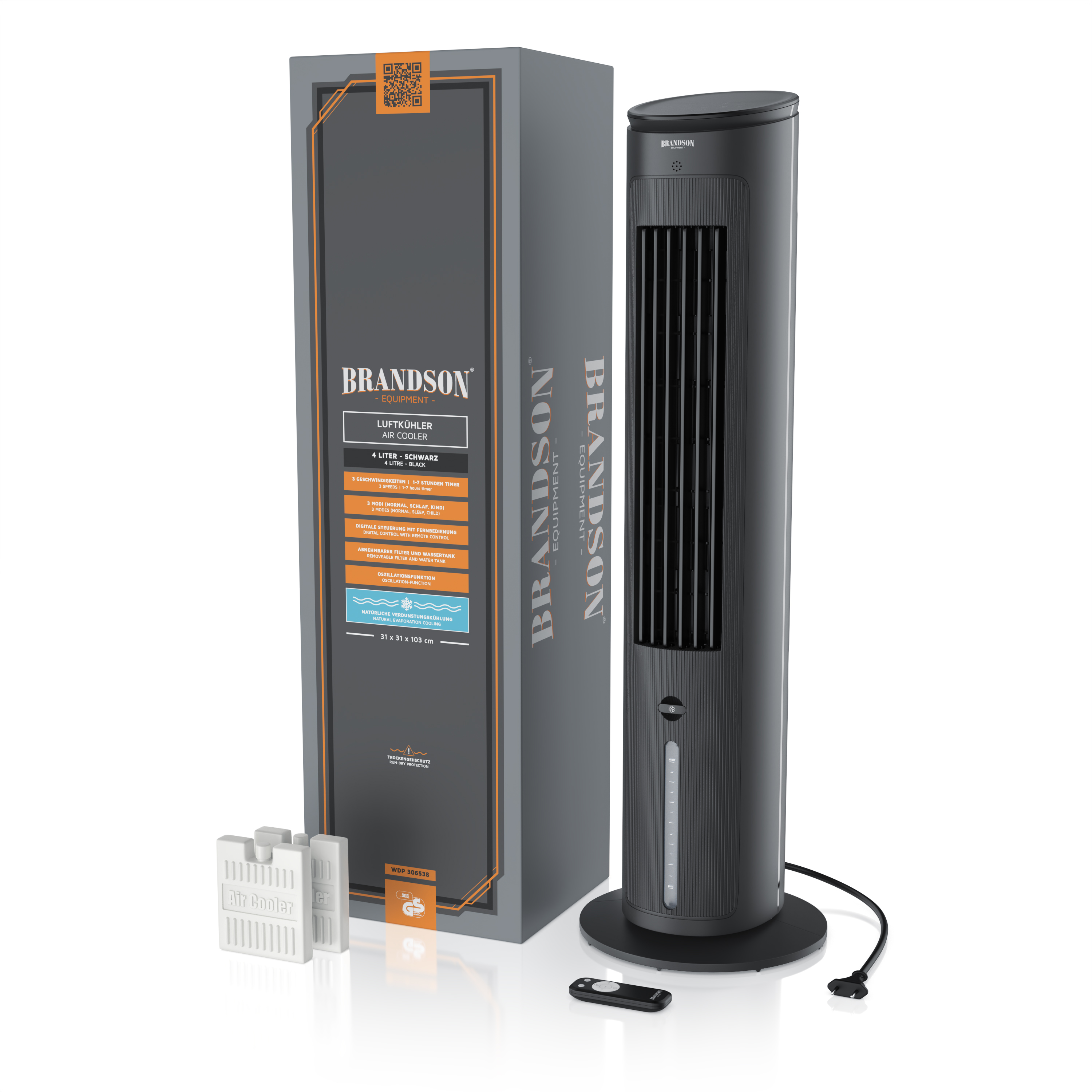Brandson-Luftkühler in Schwarz mit elegantem Turmdesign, Fernbedienung und Verpackung, ideal zum Kühlen von Innenräumen.