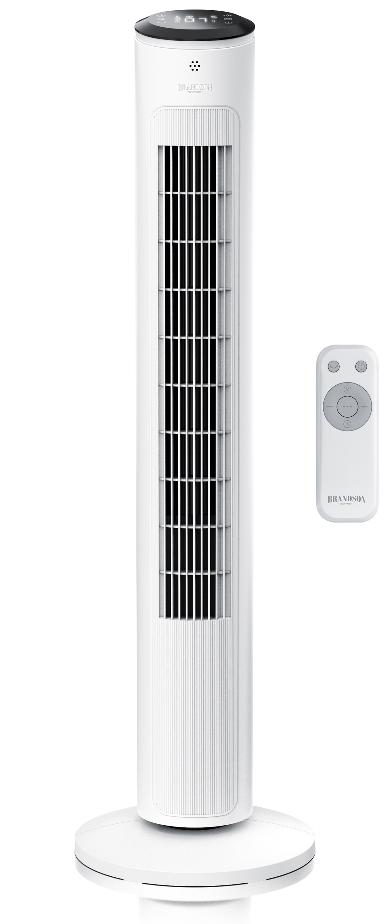 Brandson Turmventilator in Weiß mit Fernbedienung, schlanker Bauform und digitalem Bedienfeld.