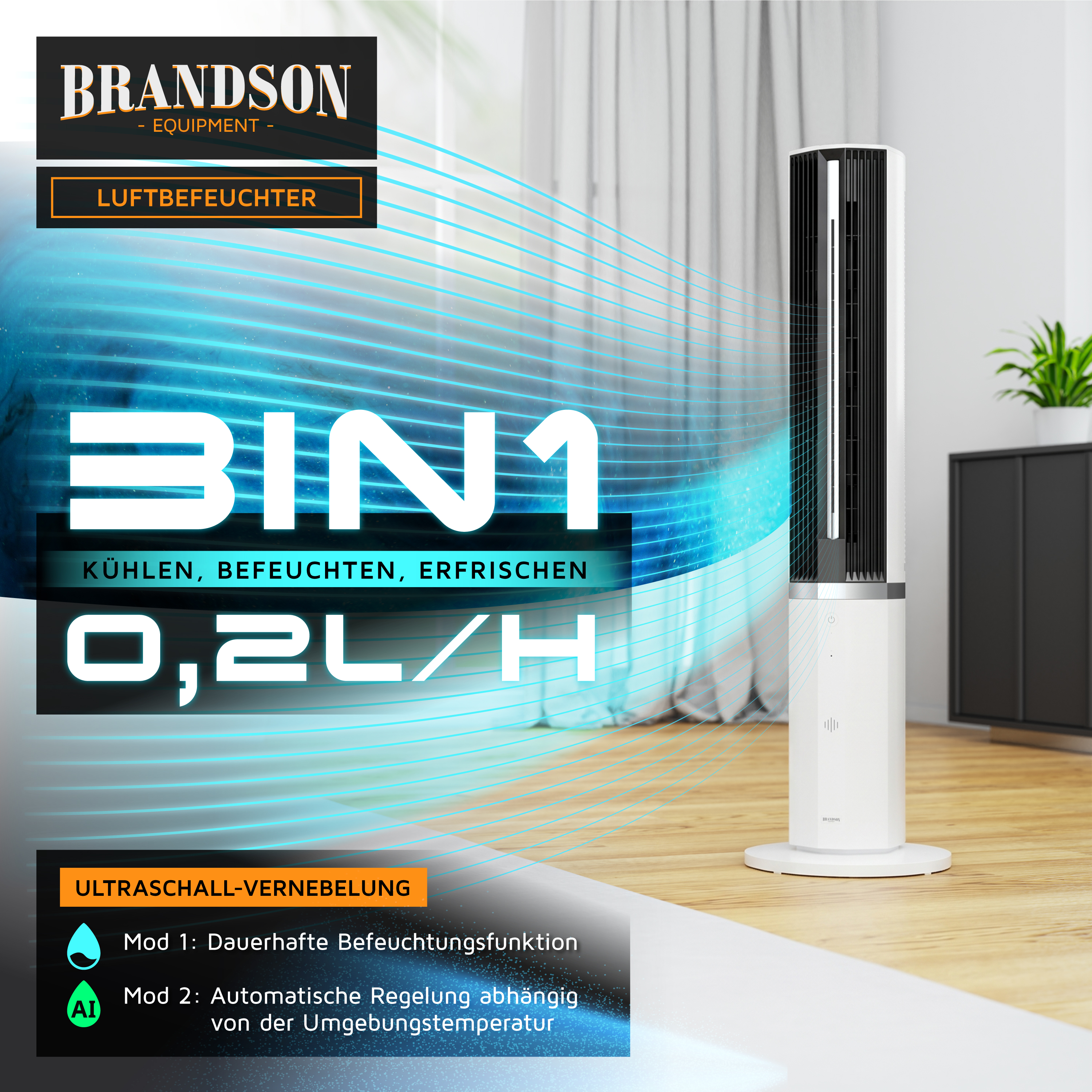 Brandson Luftbefeuchter in schlanker Bauform, weiß mit Bedienfeld, ideal zum Kühlen und Befeuchten in Wohnräumen.