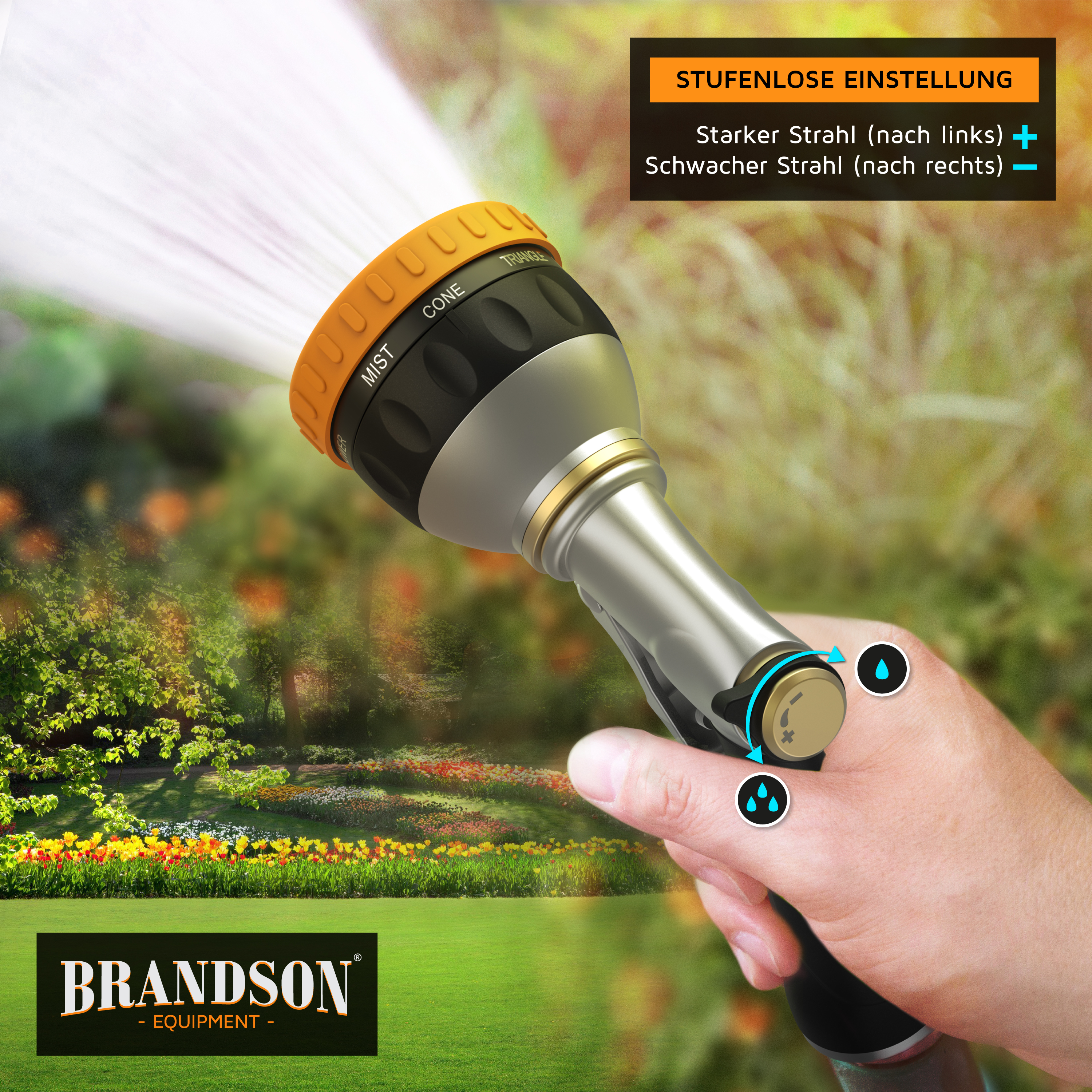 Brandson Gartenschlauchdüse mit stufenloser Einstellung, orangefarbenem Drehknopf und ergonomischem Griff, ideal für die Gartenbewässerung.
