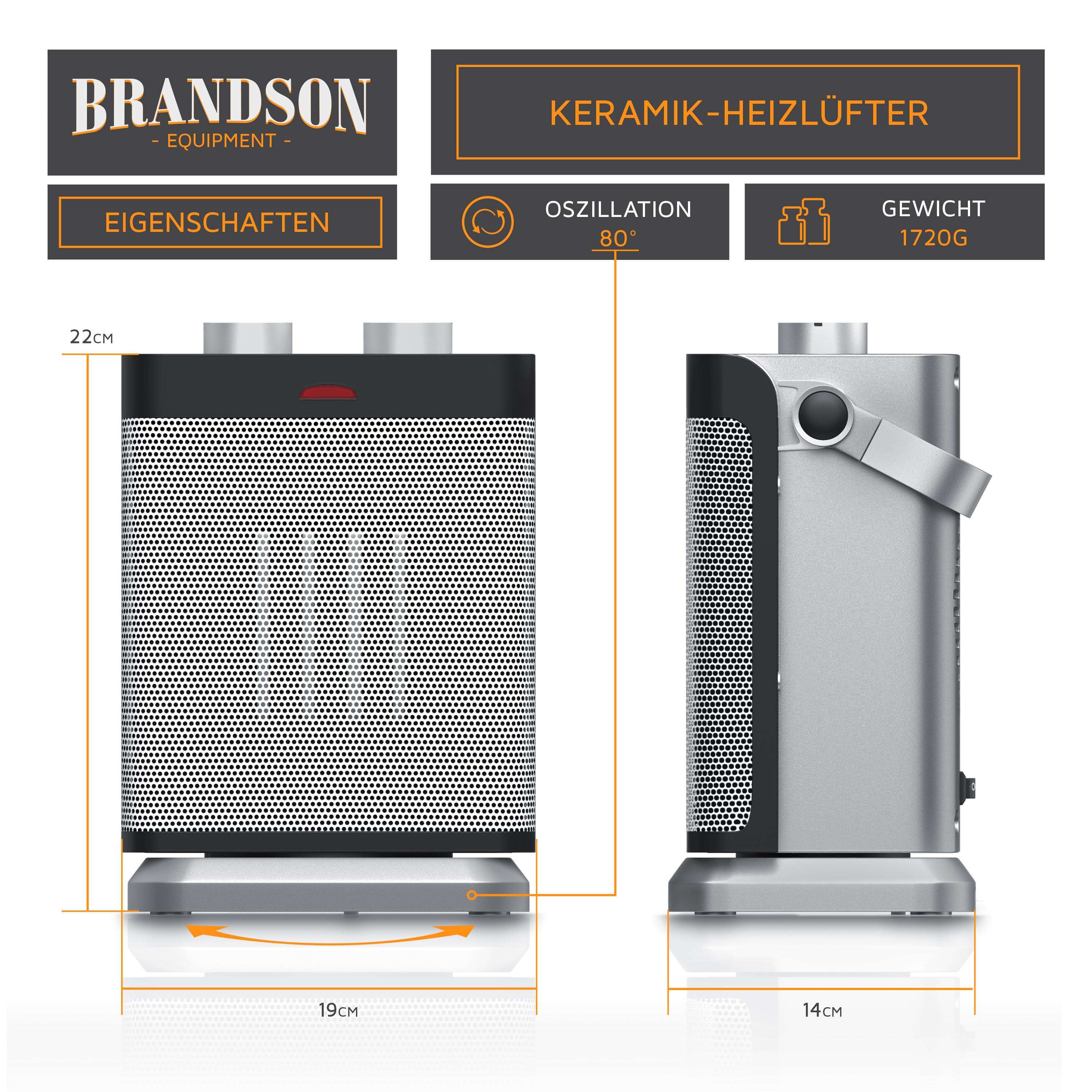 Brandson-Keramikheizgerät mit schlankem Design, schwarzem und silbernem Farbschema, Oszillationsfunktion und Tragegriff.